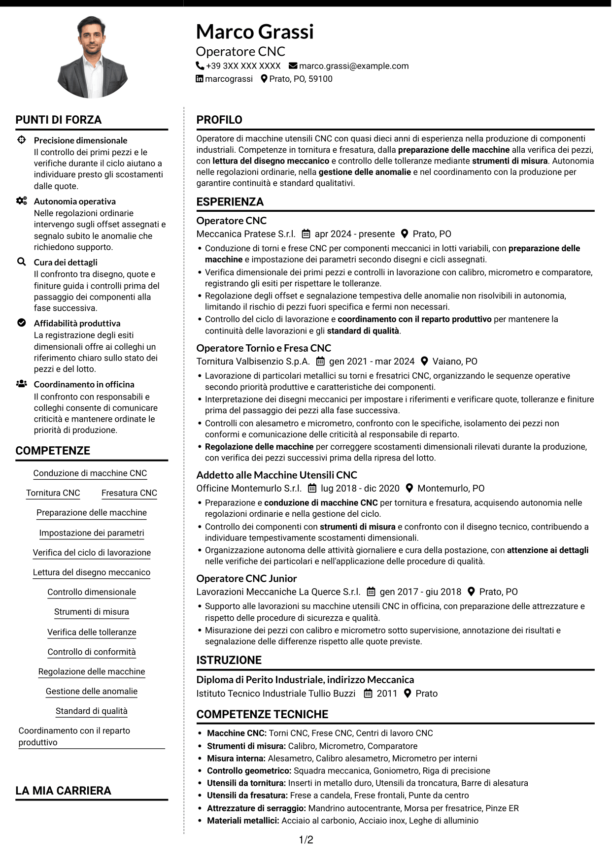 CV Moderno (formato a due colonne con foto a sinistra e separatore): Operatore Macchine CNC - Tornitura e Fresatura, pagina 1