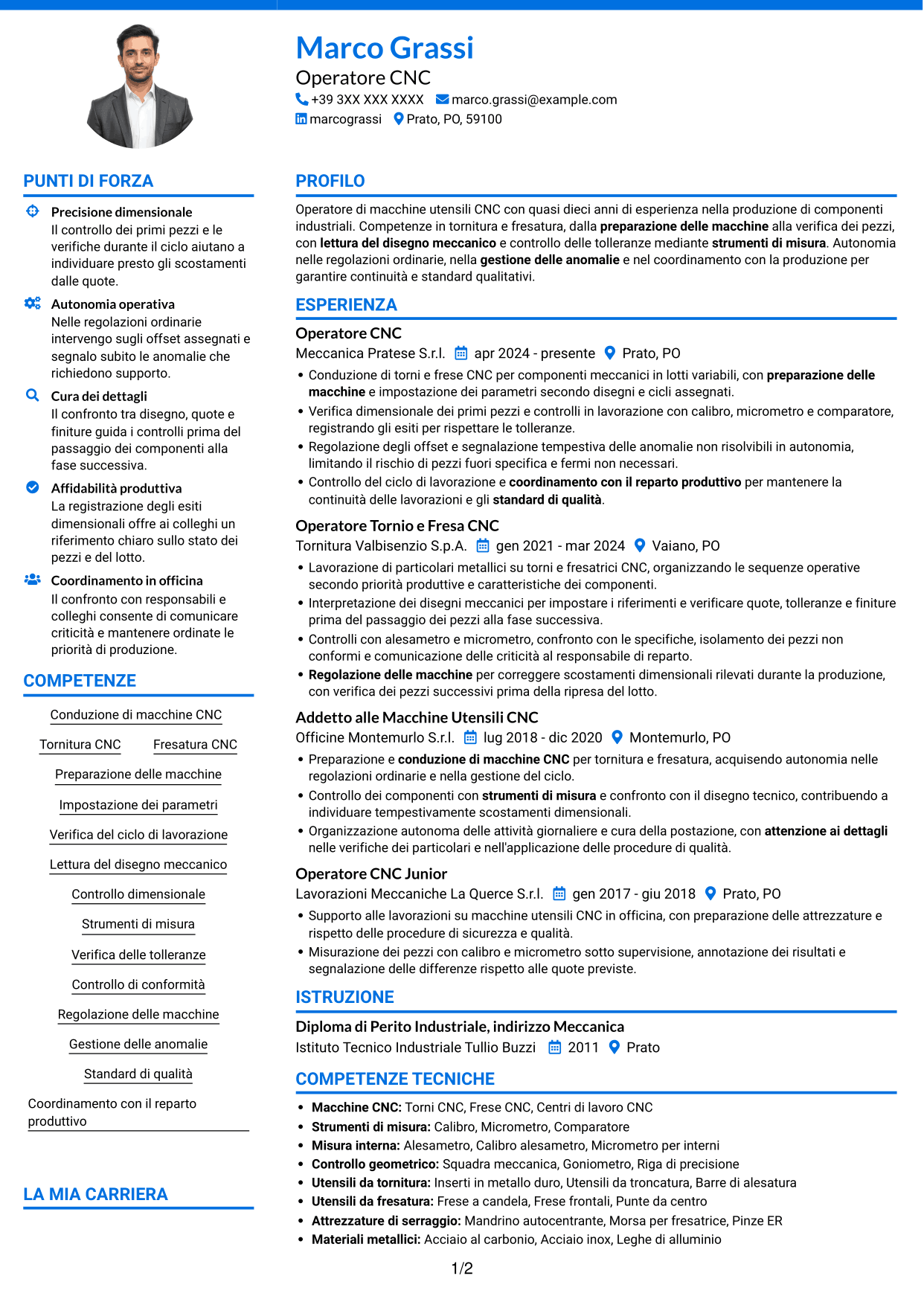 CV Audace (formato a due colonne con accenti colorati e foto): Operatore Macchine CNC - Tornitura e Fresatura, pagina 1
