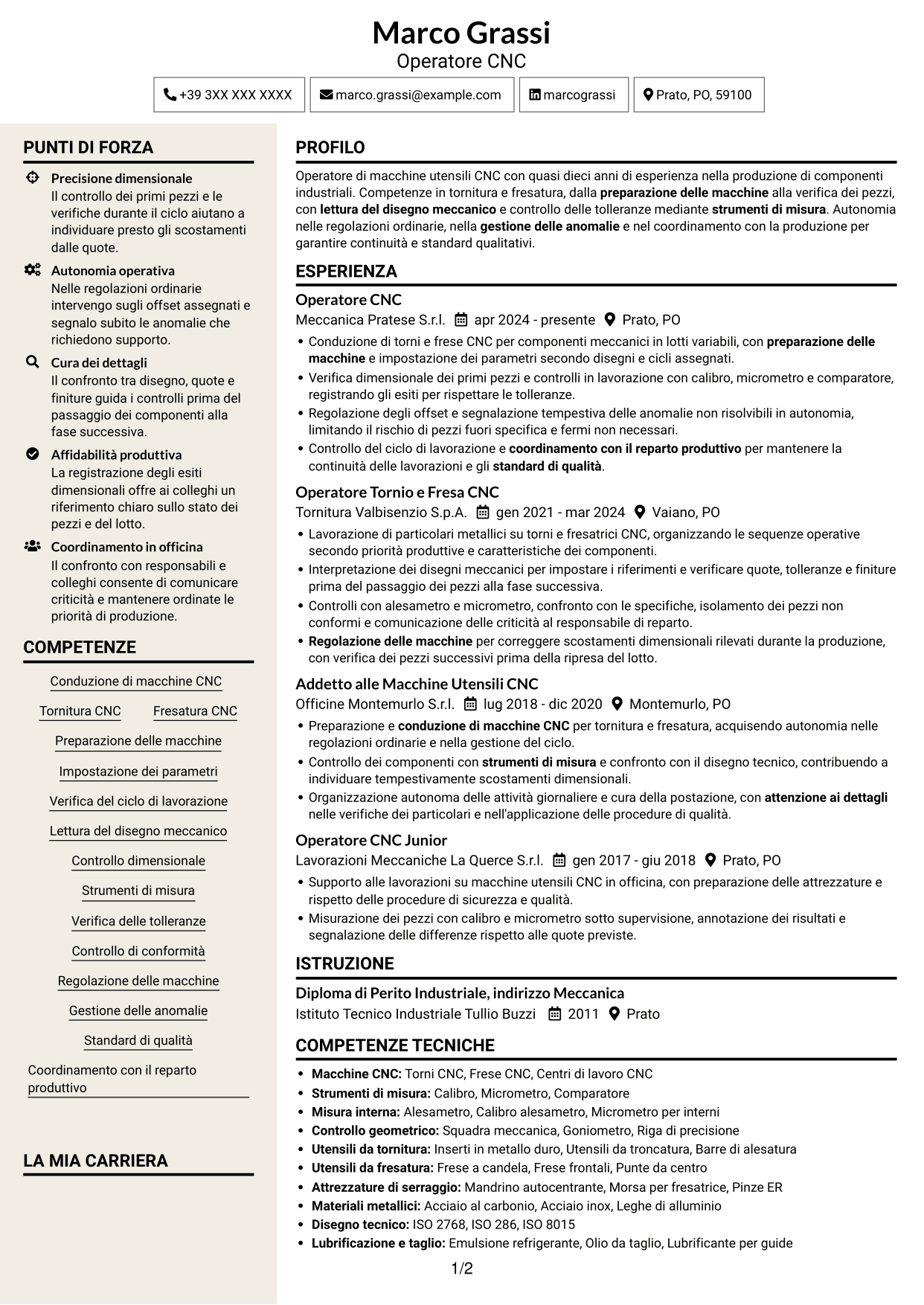 CV Intraprendente (formato a due colonne con intestazione centrata senza foto): Operatore Macchine CNC - Tornitura e Fresatura, pagina 1