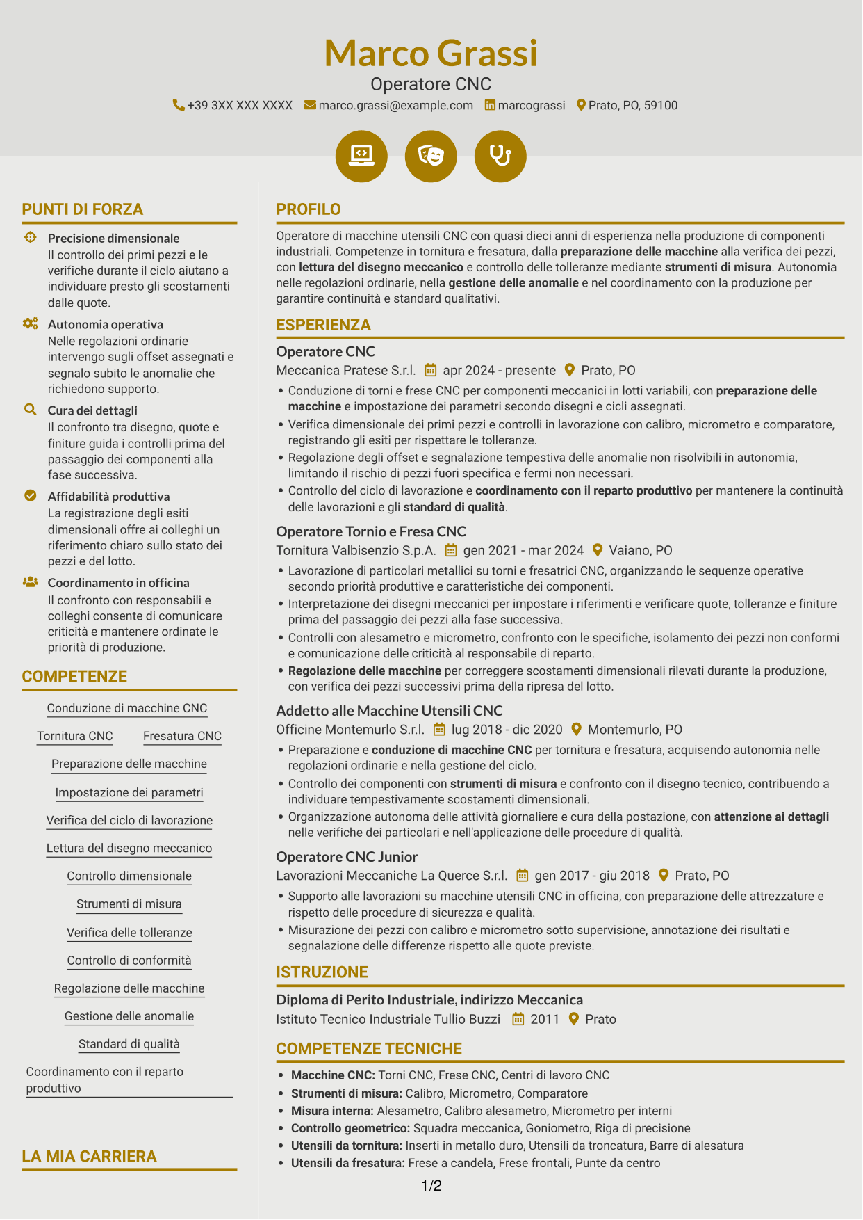 CV Dinamico (formato a due colonne con icone): Operatore Macchine CNC - Tornitura e Fresatura, pagina 1
