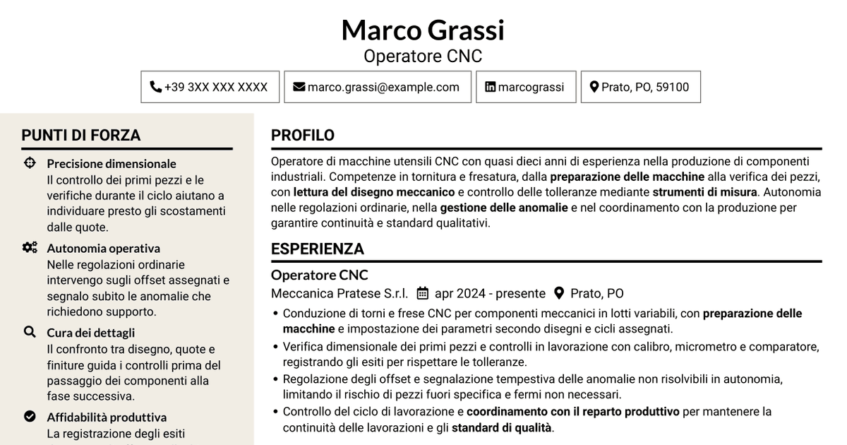 7 modelli di CV per Operatore Macchine CNC - Tornitura e Fresatura, con esempi