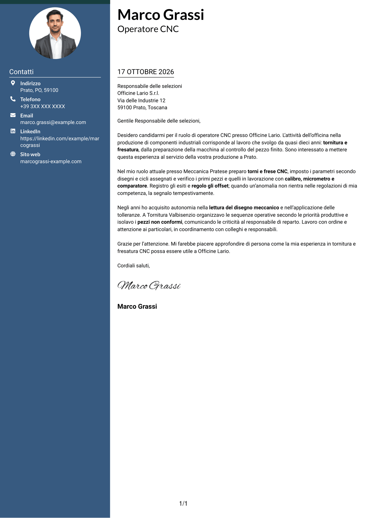 Lettera di presentazione Elegante (formato con colonna laterale colorata e foto): Operatore Macchine CNC - Tornitura e Fresatura, pagina 1