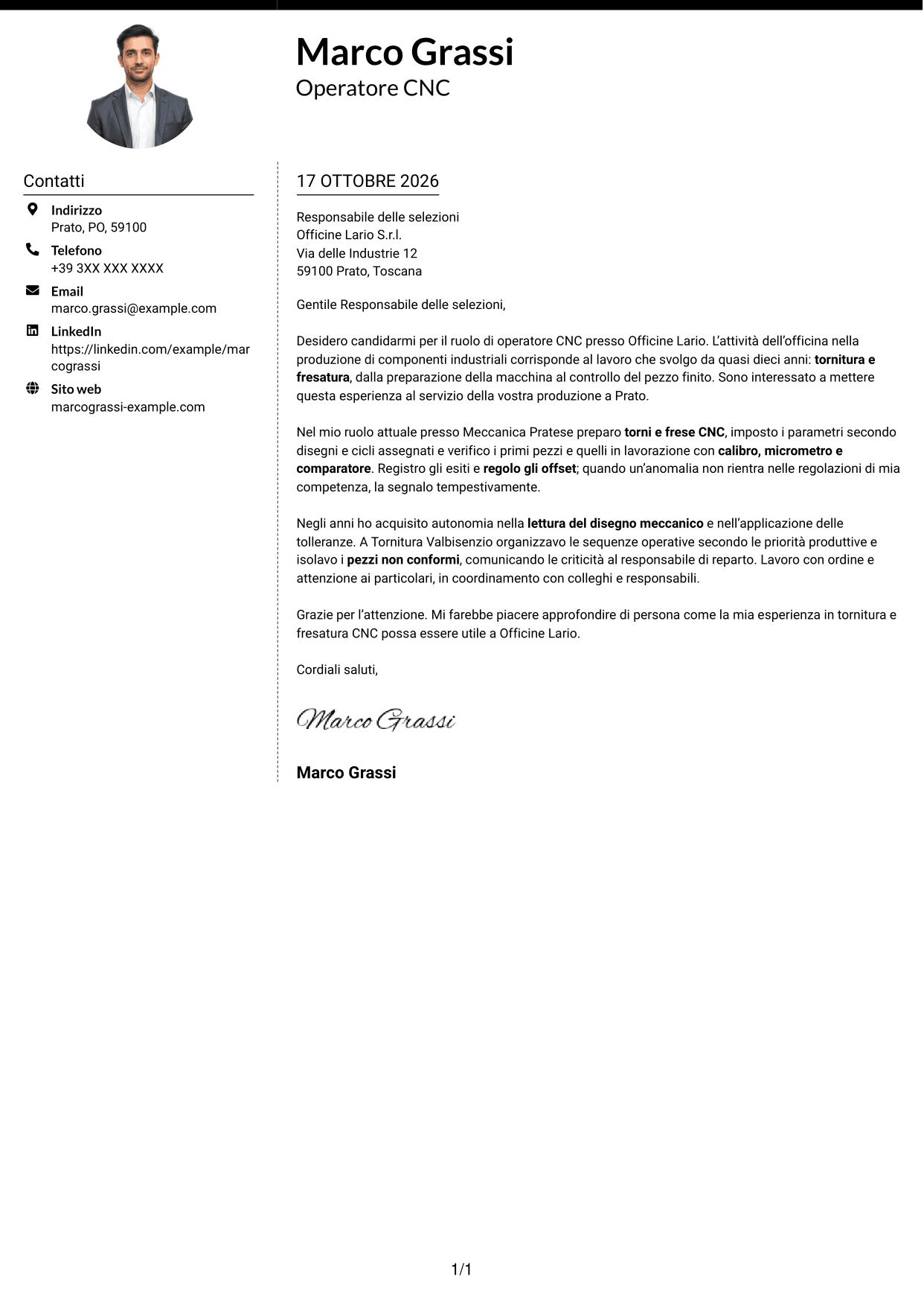 Lettera di presentazione Moderno (formato a due colonne con foto a sinistra e separatore): Operatore Macchine CNC - Tornitura e Fresatura, pagina 1
