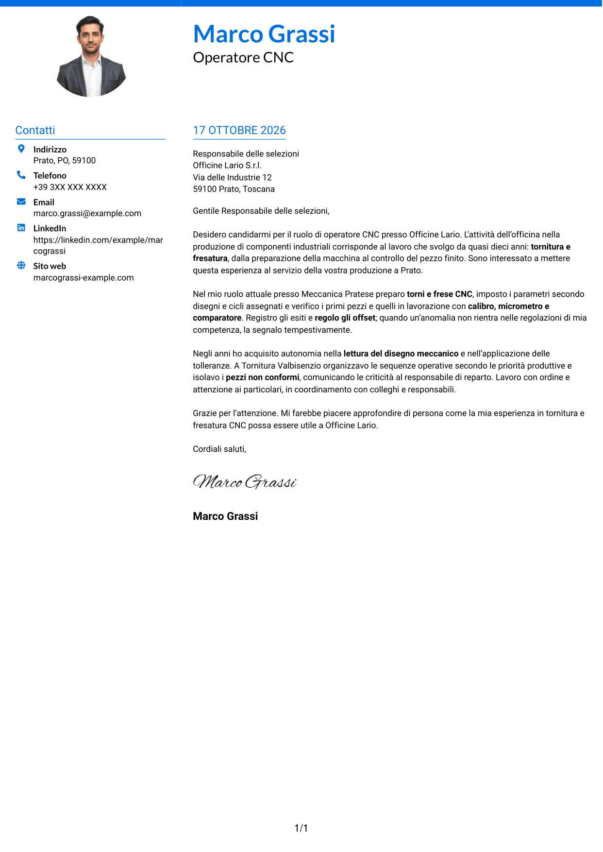 Lettera di presentazione Audace (formato a due colonne con accenti colorati e foto): Operatore Macchine CNC - Tornitura e Fresatura, pagina 1