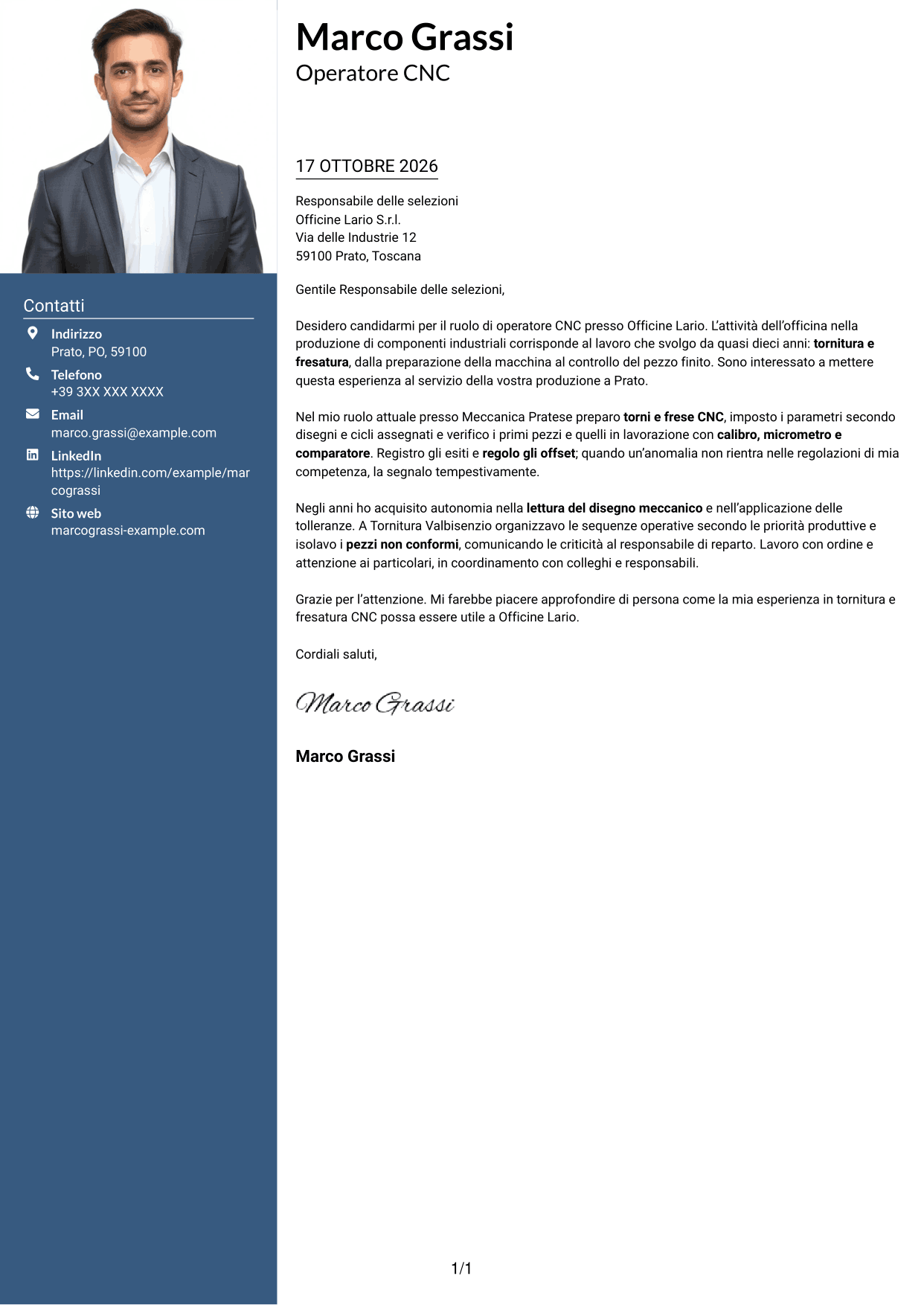 Lettera di presentazione Signature (formato con colonna laterale colorata e foto grande): Operatore Macchine CNC - Tornitura e Fresatura, pagina 1