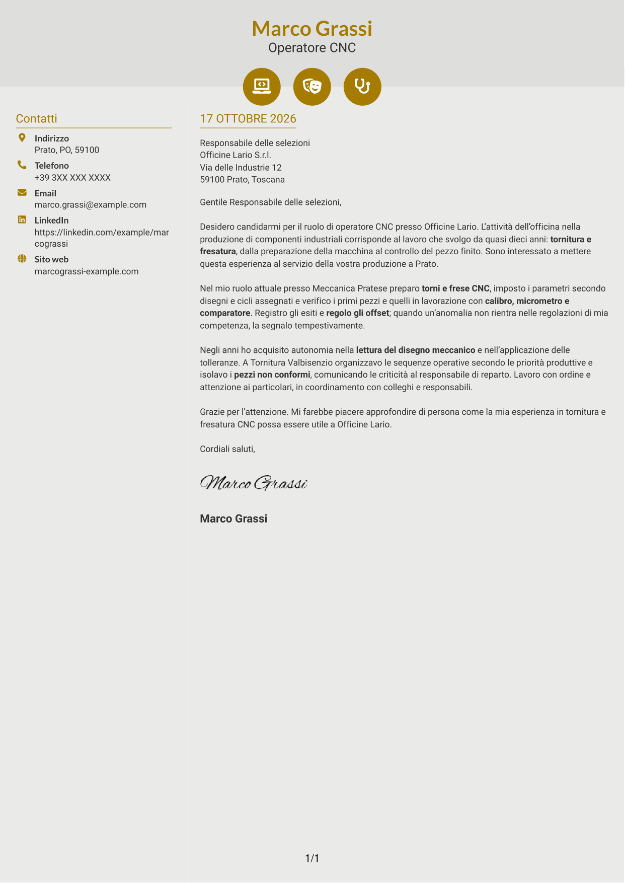 Lettera di presentazione Dinamico (formato a due colonne con icone): Operatore Macchine CNC - Tornitura e Fresatura, pagina 1