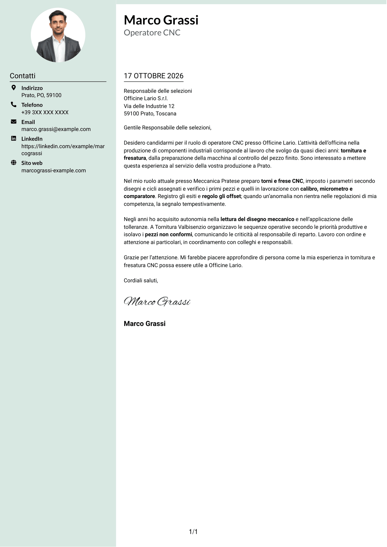 Lettera di presentazione Dirigente (formato con colonna laterale tenue e foto arrotondata): Operatore Macchine CNC - Tornitura e Fresatura, pagina 1