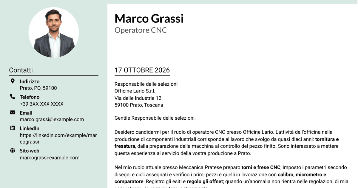 7 modelli di lettera di presentazione per Operatore Macchine CNC - Tornitura e Fresatura, con esempi