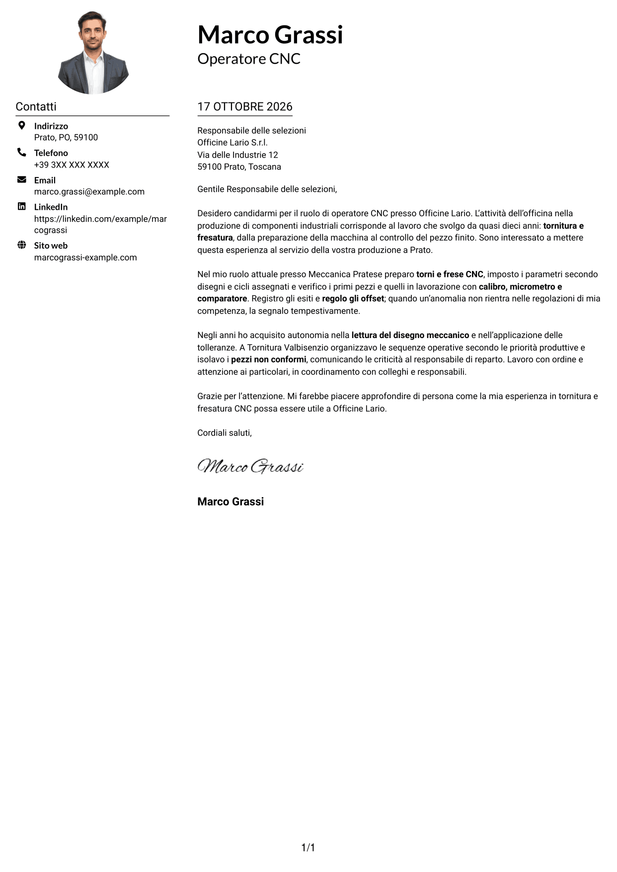 Esempio di lettera di presentazione — pagina 1