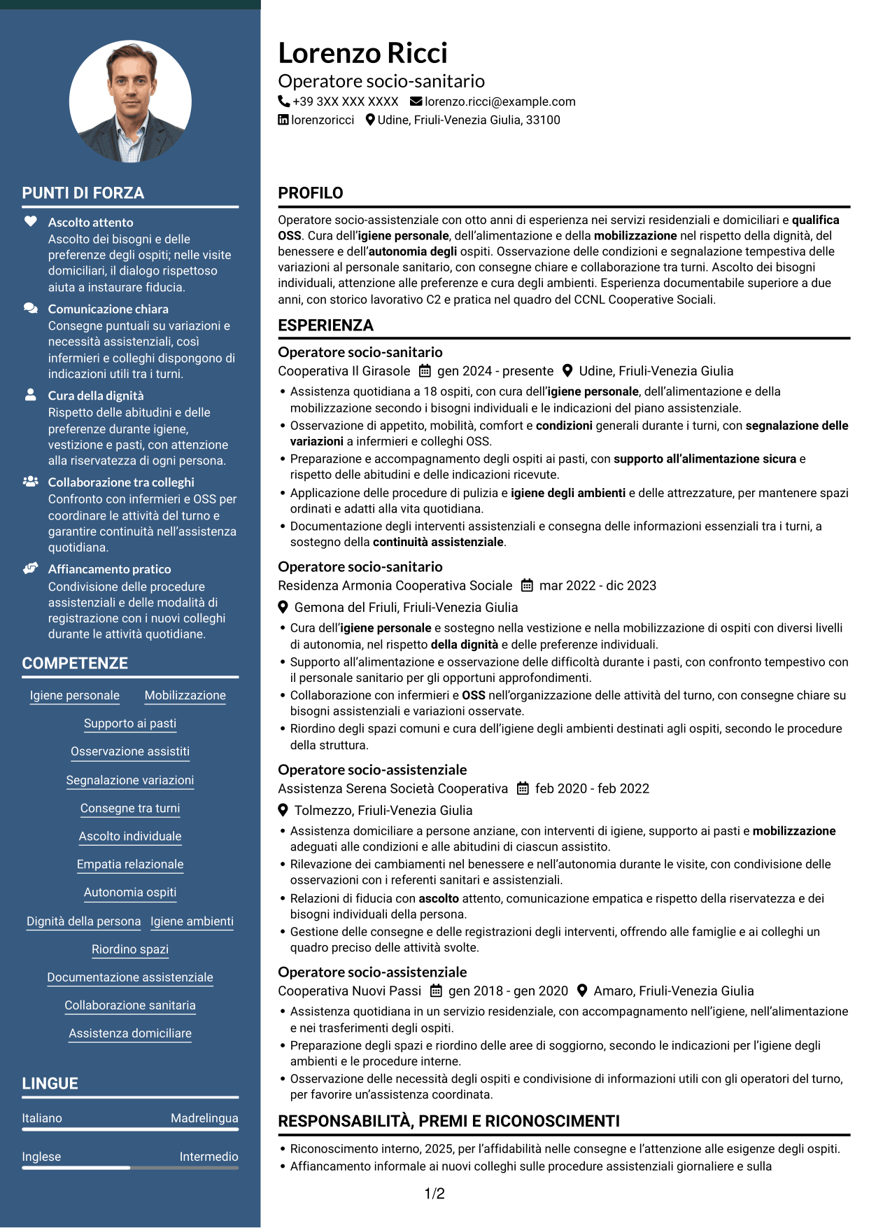 CV Elegante (formato con colonna laterale colorata e foto): Operatore socio-assistenziale - Assistenza alla persona, pagina 1