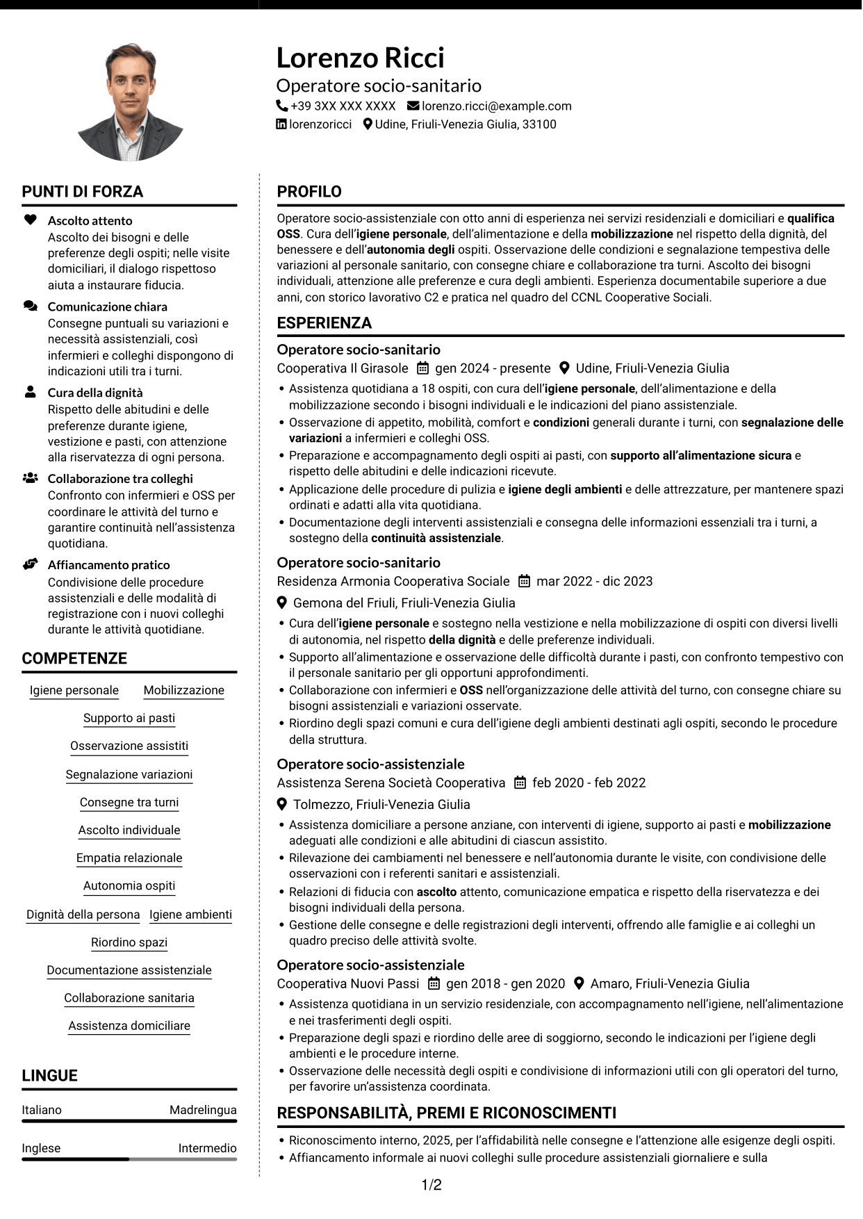 CV Moderno (formato a due colonne con foto a sinistra e separatore): Operatore socio-assistenziale - Assistenza alla persona, pagina 1