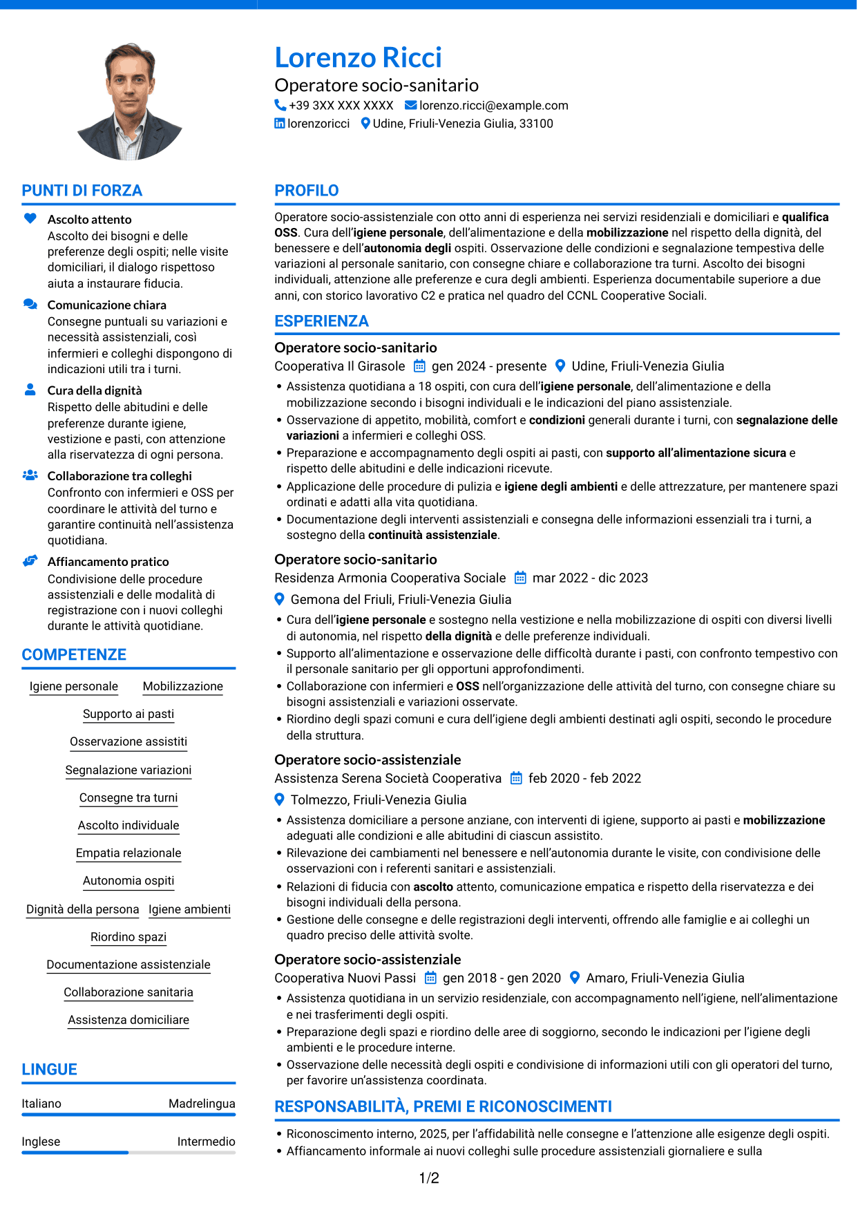 CV Audace (formato a due colonne con accenti colorati e foto): Operatore socio-assistenziale - Assistenza alla persona, pagina 1