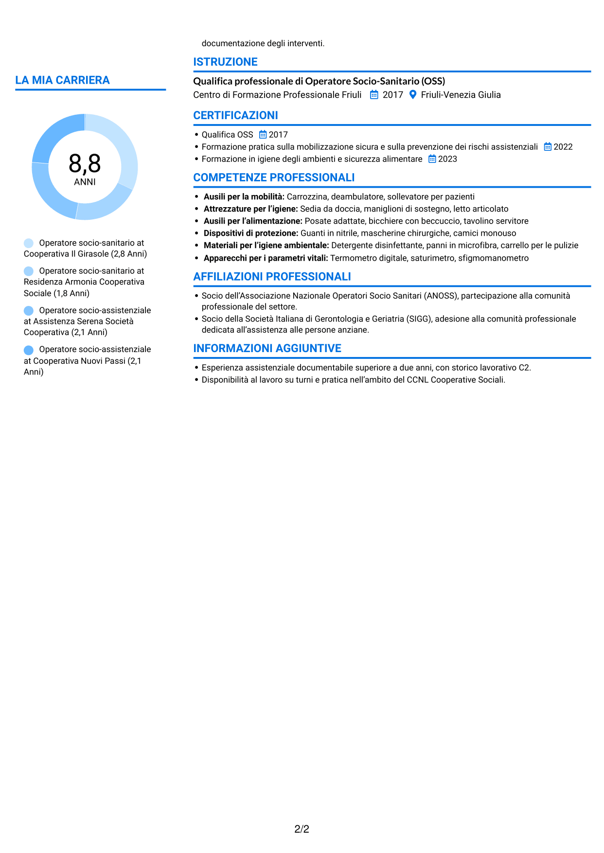 CV Audace (formato a due colonne con accenti colorati e foto): Operatore socio-assistenziale - Assistenza alla persona, pagina 2