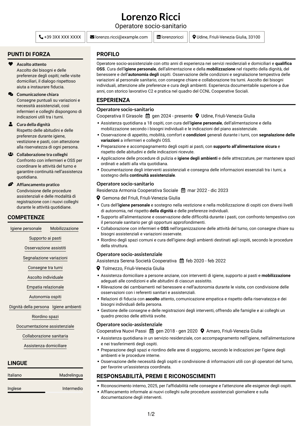 CV Intraprendente (formato a due colonne con intestazione centrata senza foto): Operatore socio-assistenziale - Assistenza alla persona, pagina 1