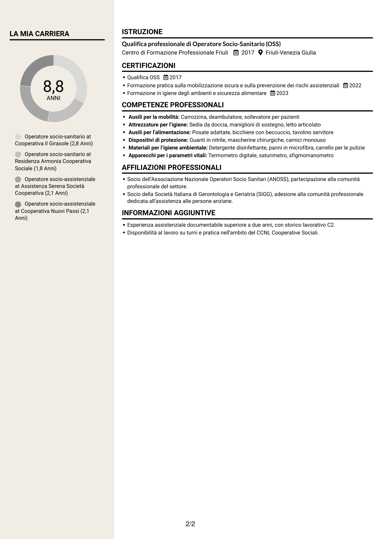 CV Intraprendente (formato a due colonne con intestazione centrata senza foto): Operatore socio-assistenziale - Assistenza alla persona, pagina 2