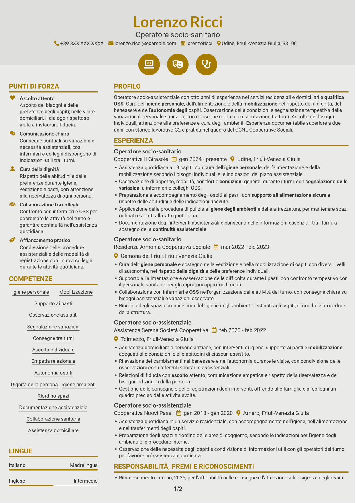 CV Dinamico (formato a due colonne con icone): Operatore socio-assistenziale - Assistenza alla persona, pagina 1
