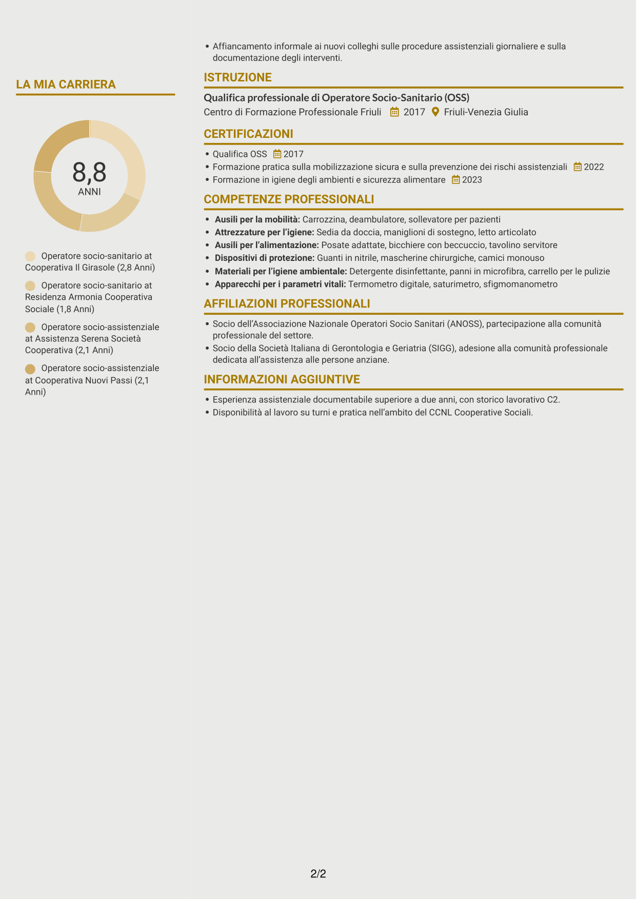 CV Dinamico (formato a due colonne con icone): Operatore socio-assistenziale - Assistenza alla persona, pagina 2