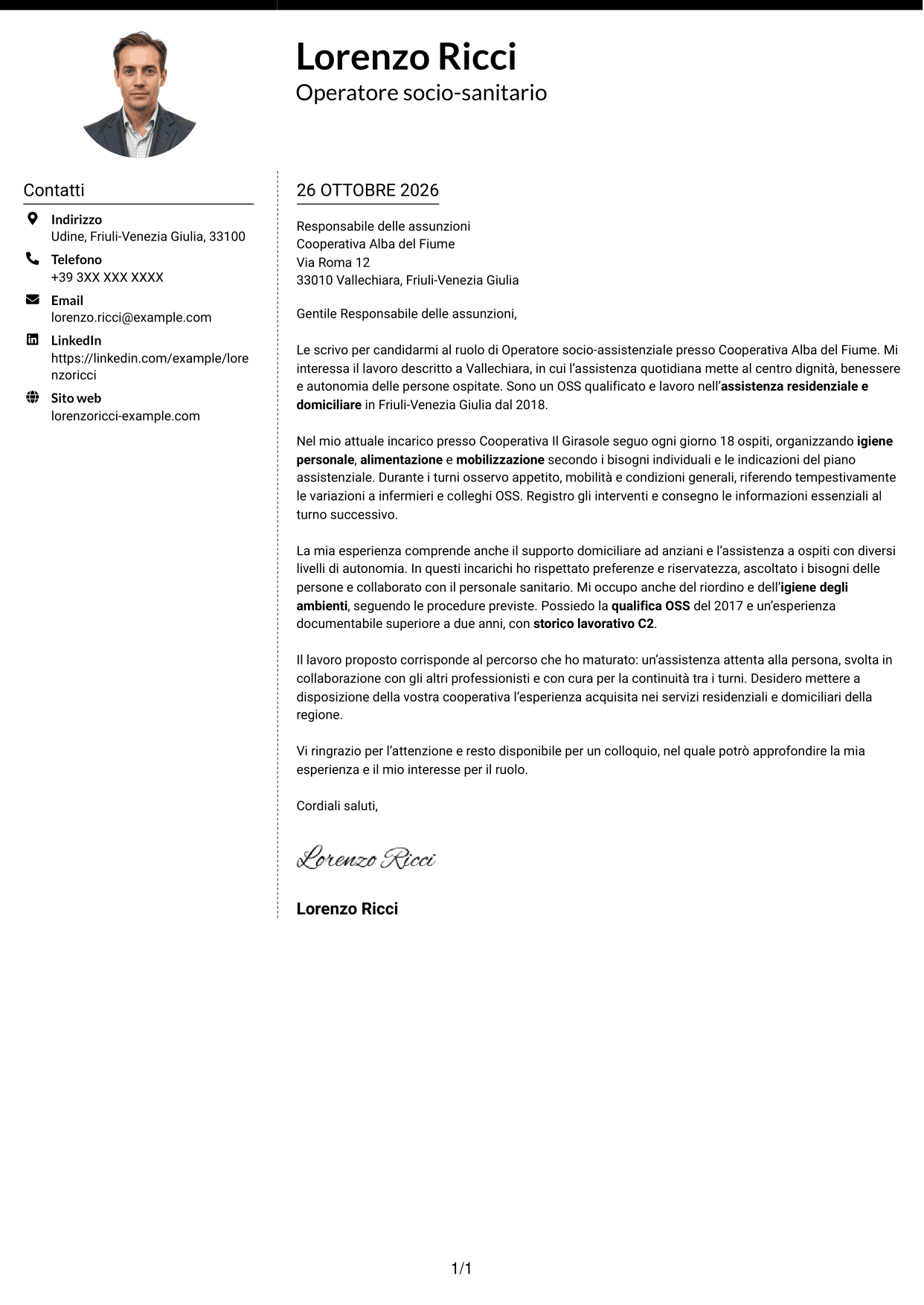 Lettera di presentazione Moderno (formato a due colonne con foto a sinistra e separatore): Operatore socio-assistenziale - Assistenza alla persona, pagina 1