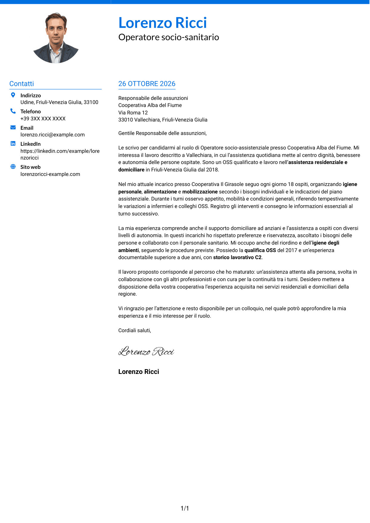 Lettera di presentazione Audace (formato a due colonne con accenti colorati e foto): Operatore socio-assistenziale - Assistenza alla persona, pagina 1