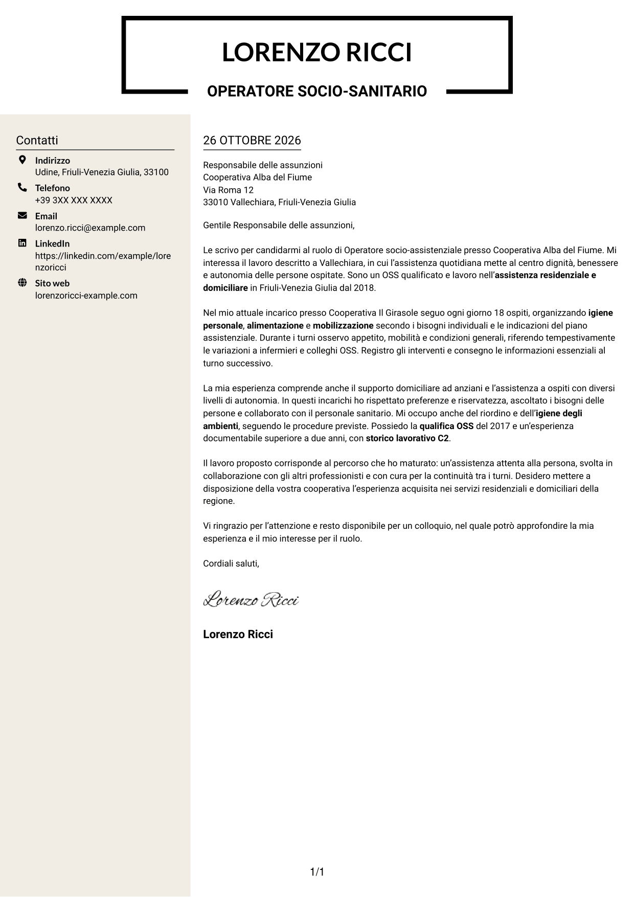 Lettera di presentazione Intraprendente (formato a due colonne con intestazione centrata senza foto): Operatore socio-assistenziale - Assistenza alla persona, pagina 1