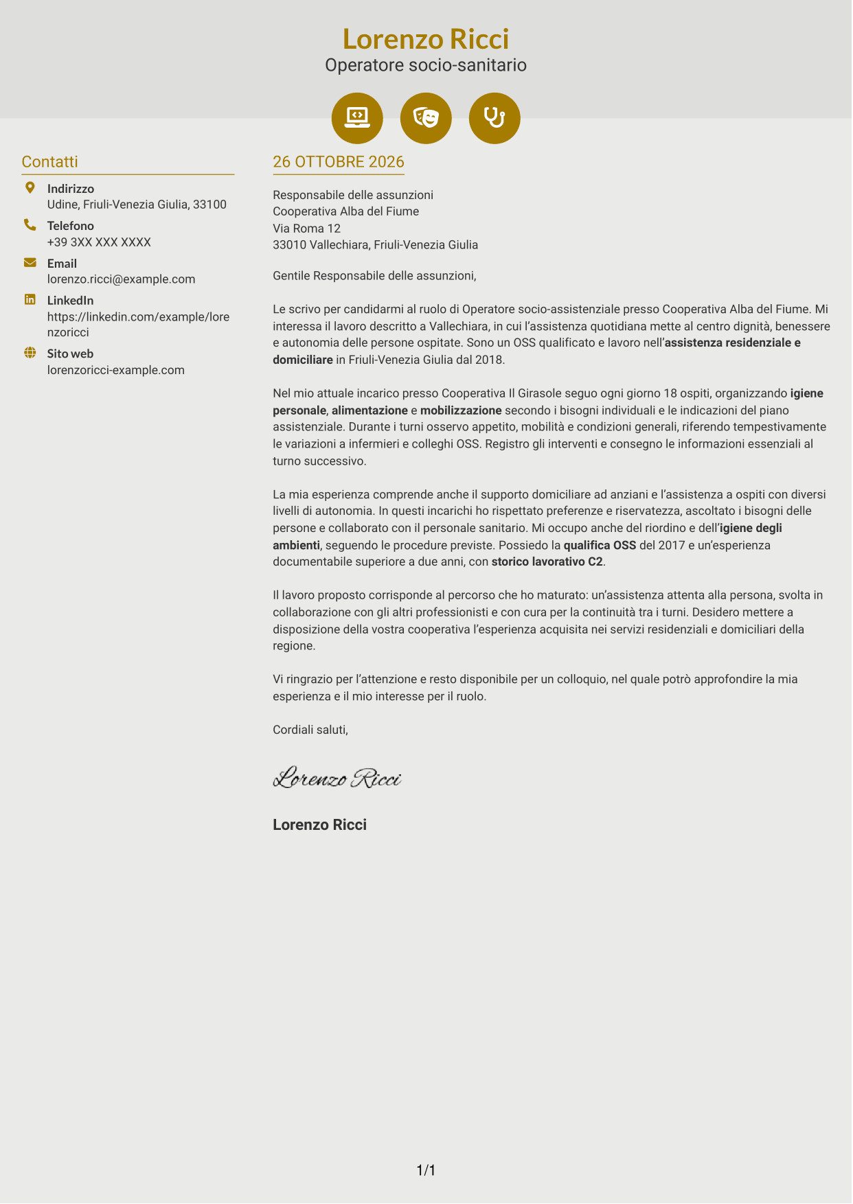 Lettera di presentazione Dinamico (formato a due colonne con icone): Operatore socio-assistenziale - Assistenza alla persona, pagina 1
