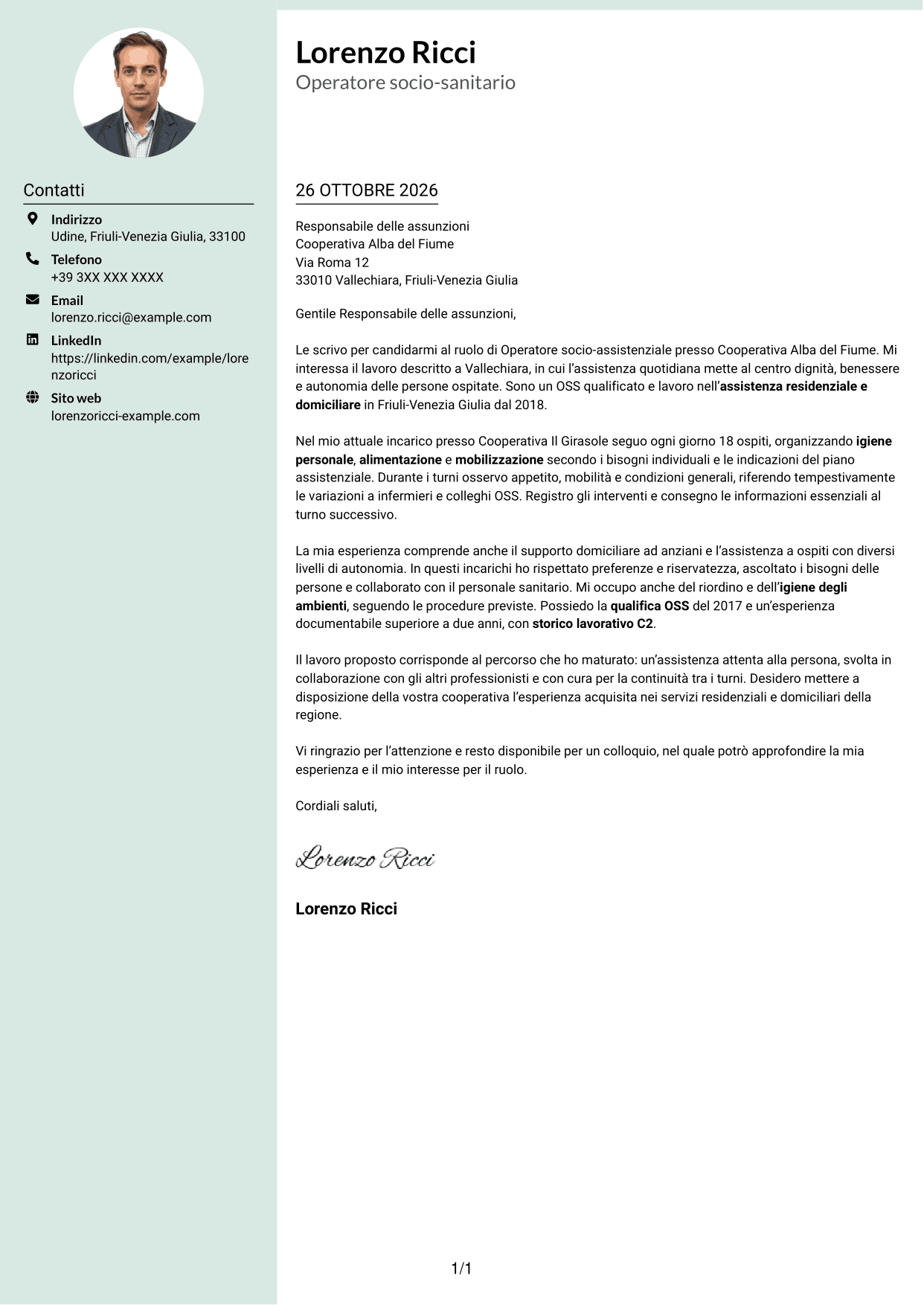 Lettera di presentazione Dirigente (formato con colonna laterale tenue e foto arrotondata): Operatore socio-assistenziale - Assistenza alla persona, pagina 1