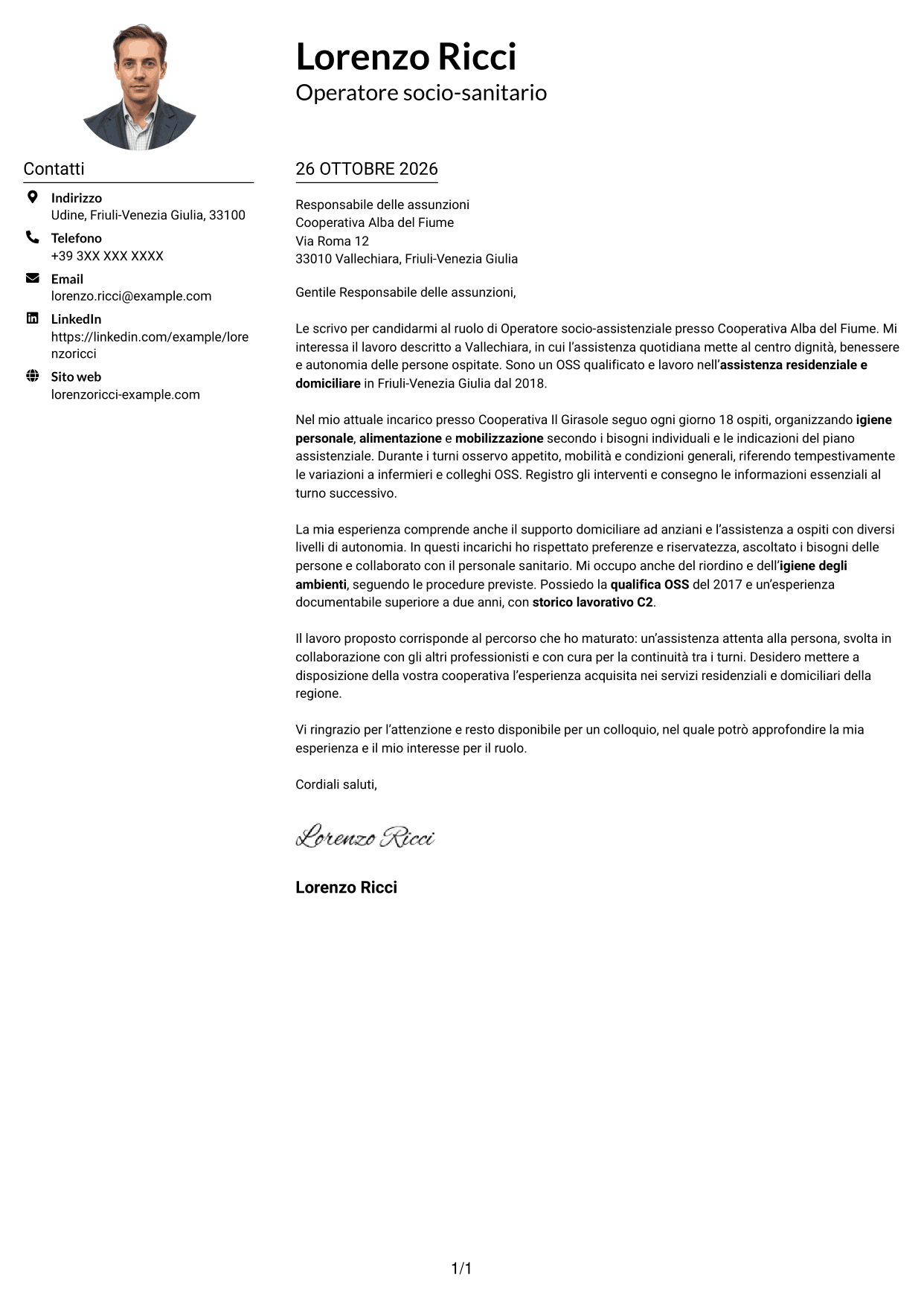 Esempio di lettera di presentazione — pagina 1