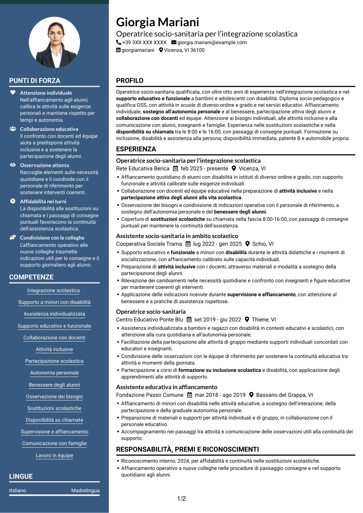 CV Elegante (formato con colonna laterale colorata e foto): Operatore socio-sanitario / Educatore scolastico - Integrazione scolastica, pagina 1