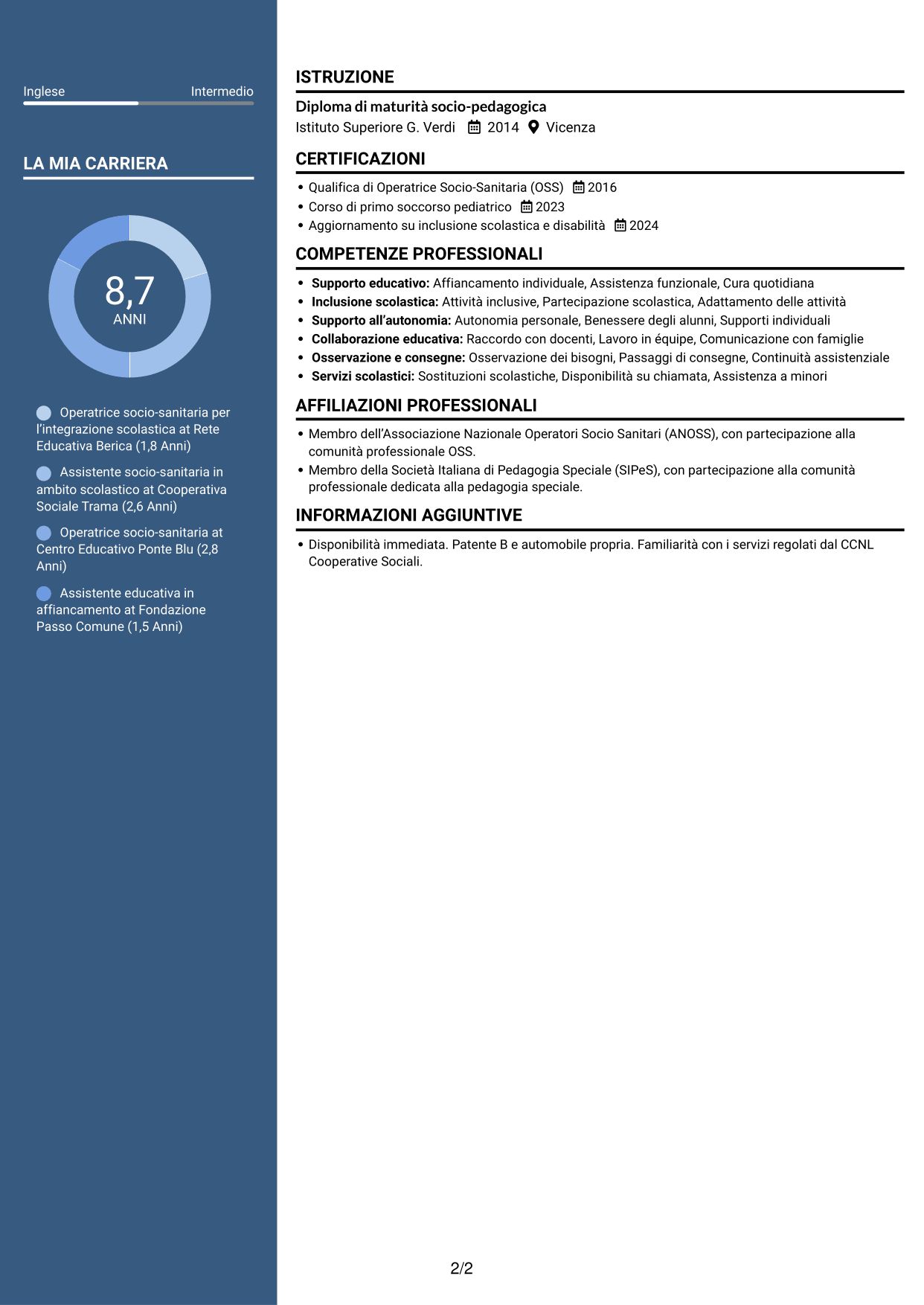 CV Elegante (formato con colonna laterale colorata e foto): Operatore socio-sanitario / Educatore scolastico - Integrazione scolastica, pagina 2
