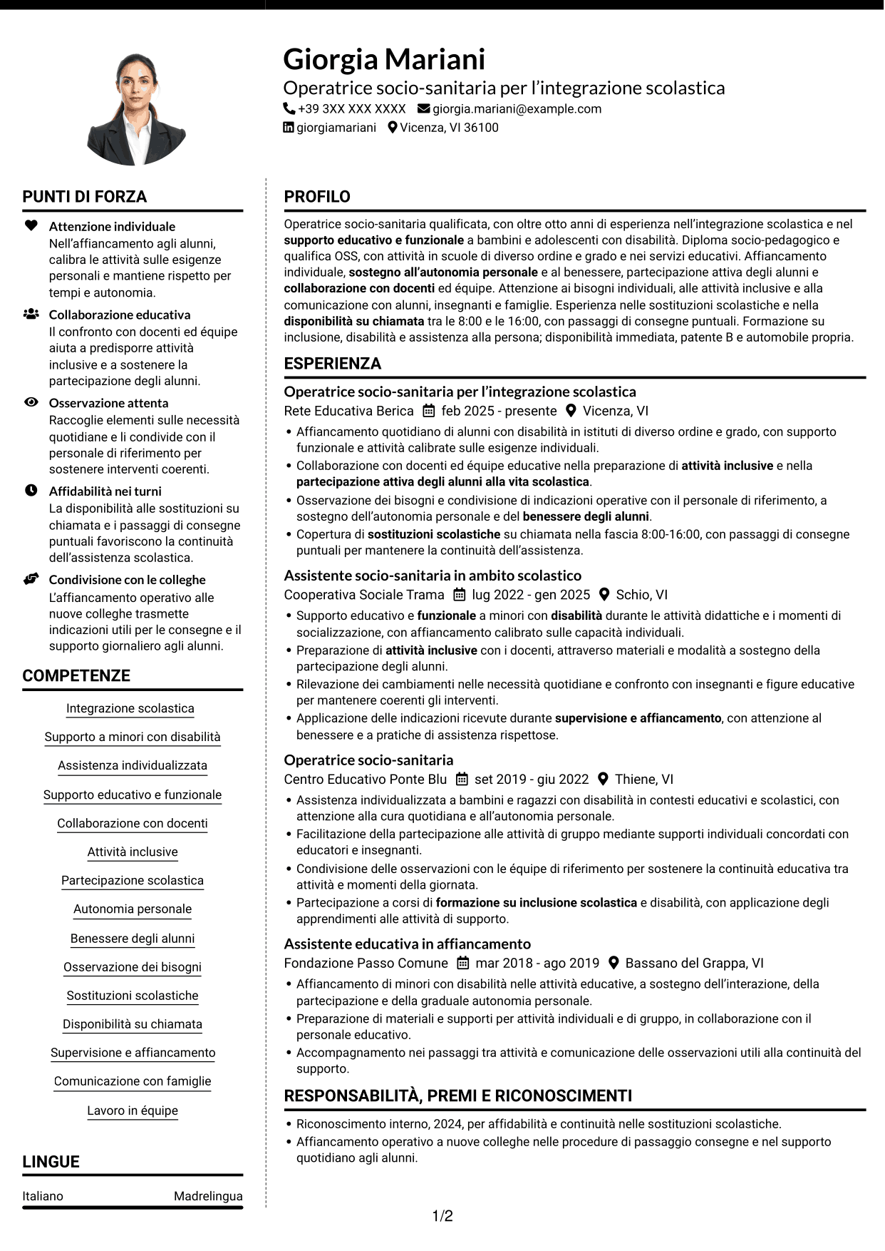 CV Moderno (formato a due colonne con foto a sinistra e separatore): Operatore socio-sanitario / Educatore scolastico - Integrazione scolastica, pagina 1