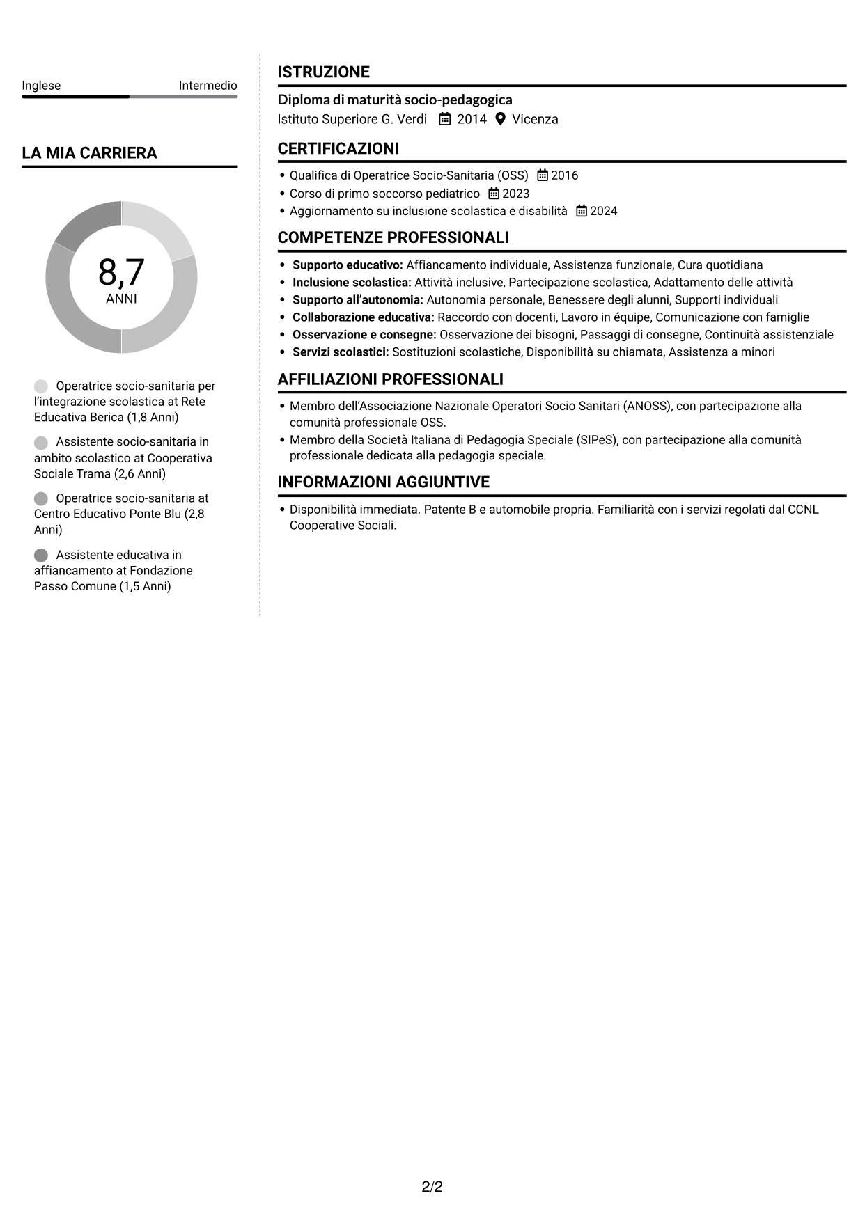 CV Moderno (formato a due colonne con foto a sinistra e separatore): Operatore socio-sanitario / Educatore scolastico - Integrazione scolastica, pagina 2