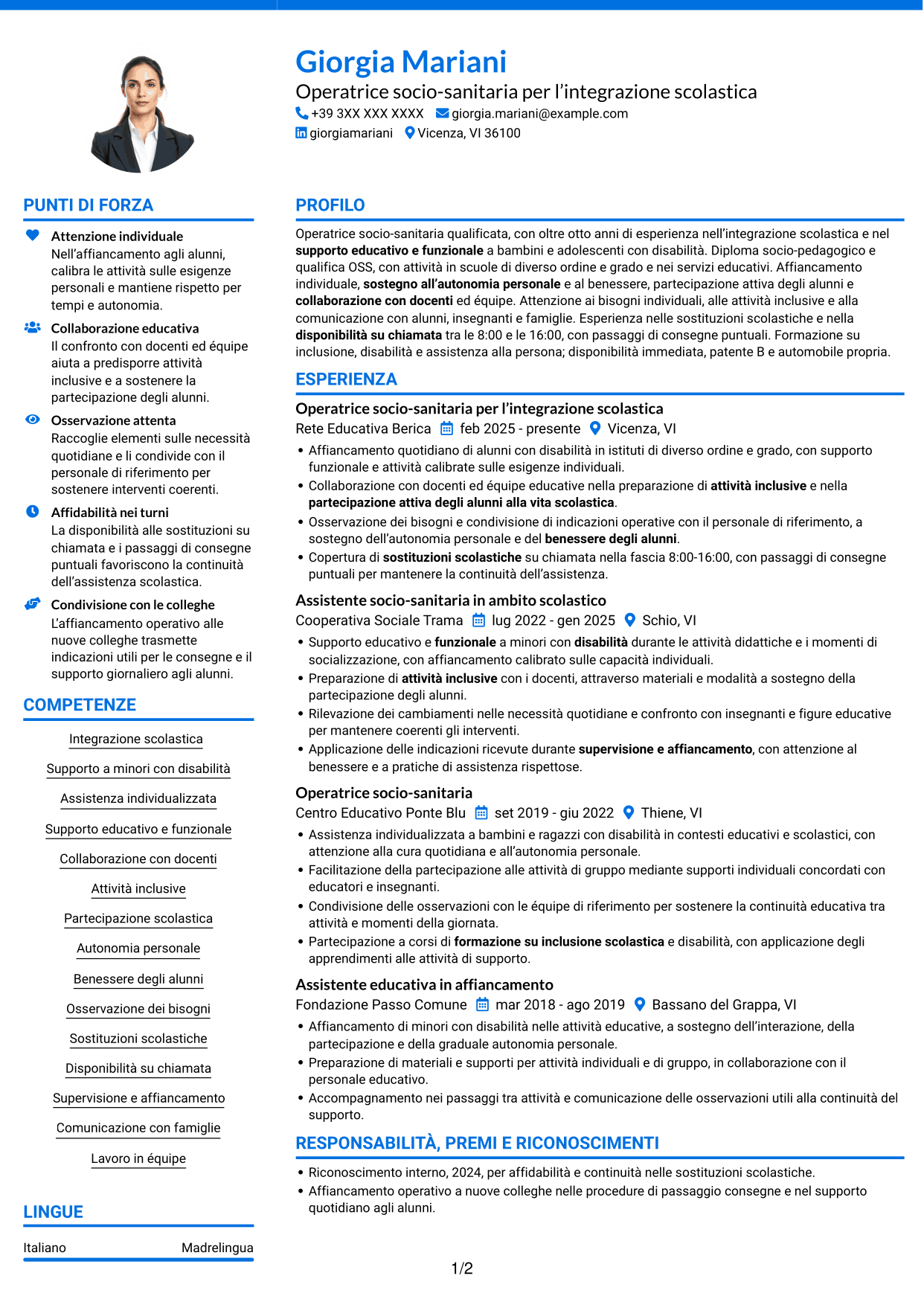 CV Audace (formato a due colonne con accenti colorati e foto): Operatore socio-sanitario / Educatore scolastico - Integrazione scolastica, pagina 1