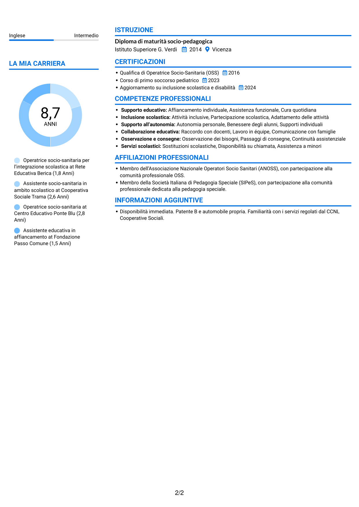 CV Audace (formato a due colonne con accenti colorati e foto): Operatore socio-sanitario / Educatore scolastico - Integrazione scolastica, pagina 2