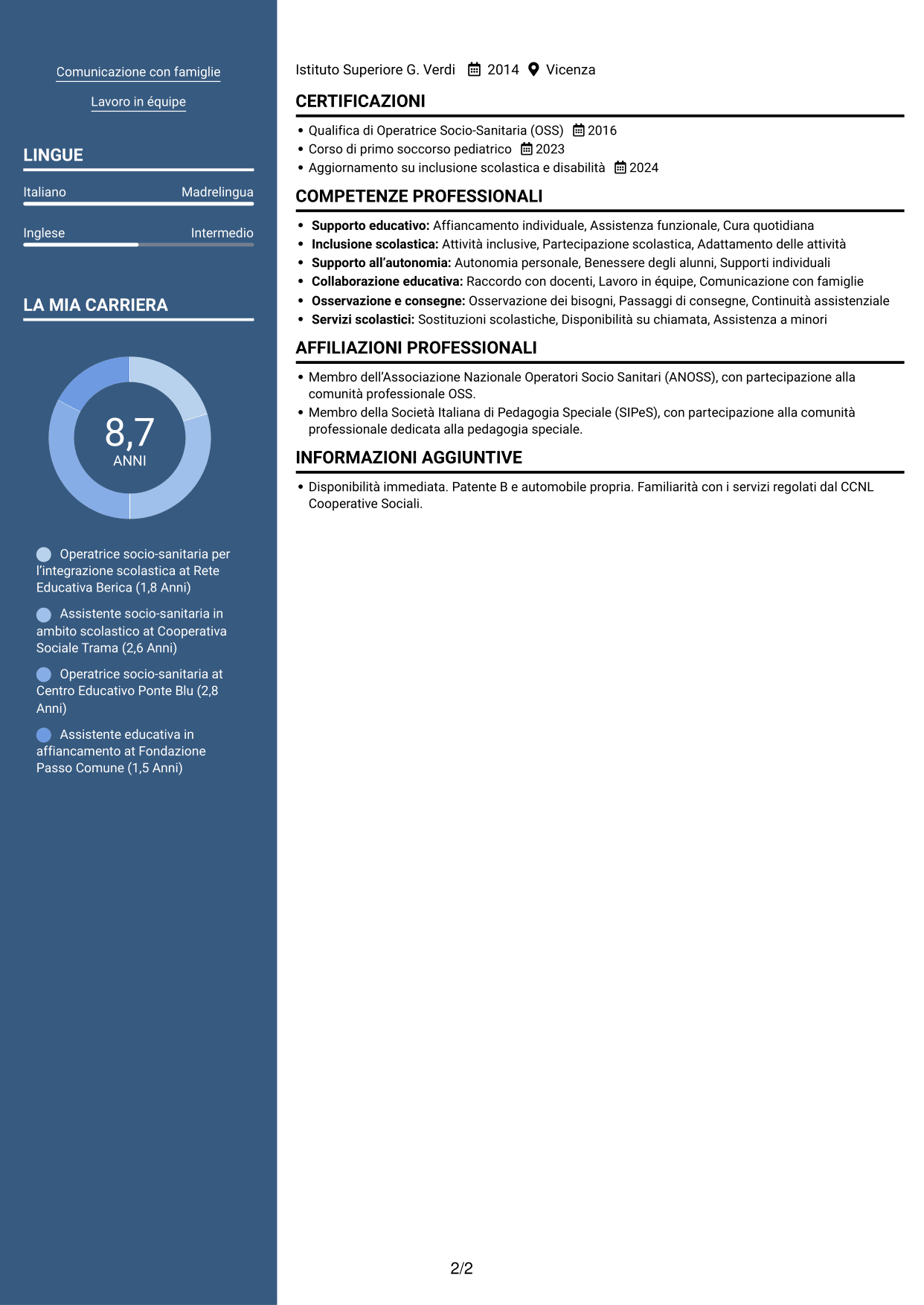 CV Signature (formato con colonna laterale colorata e foto grande): Operatore socio-sanitario / Educatore scolastico - Integrazione scolastica, pagina 2