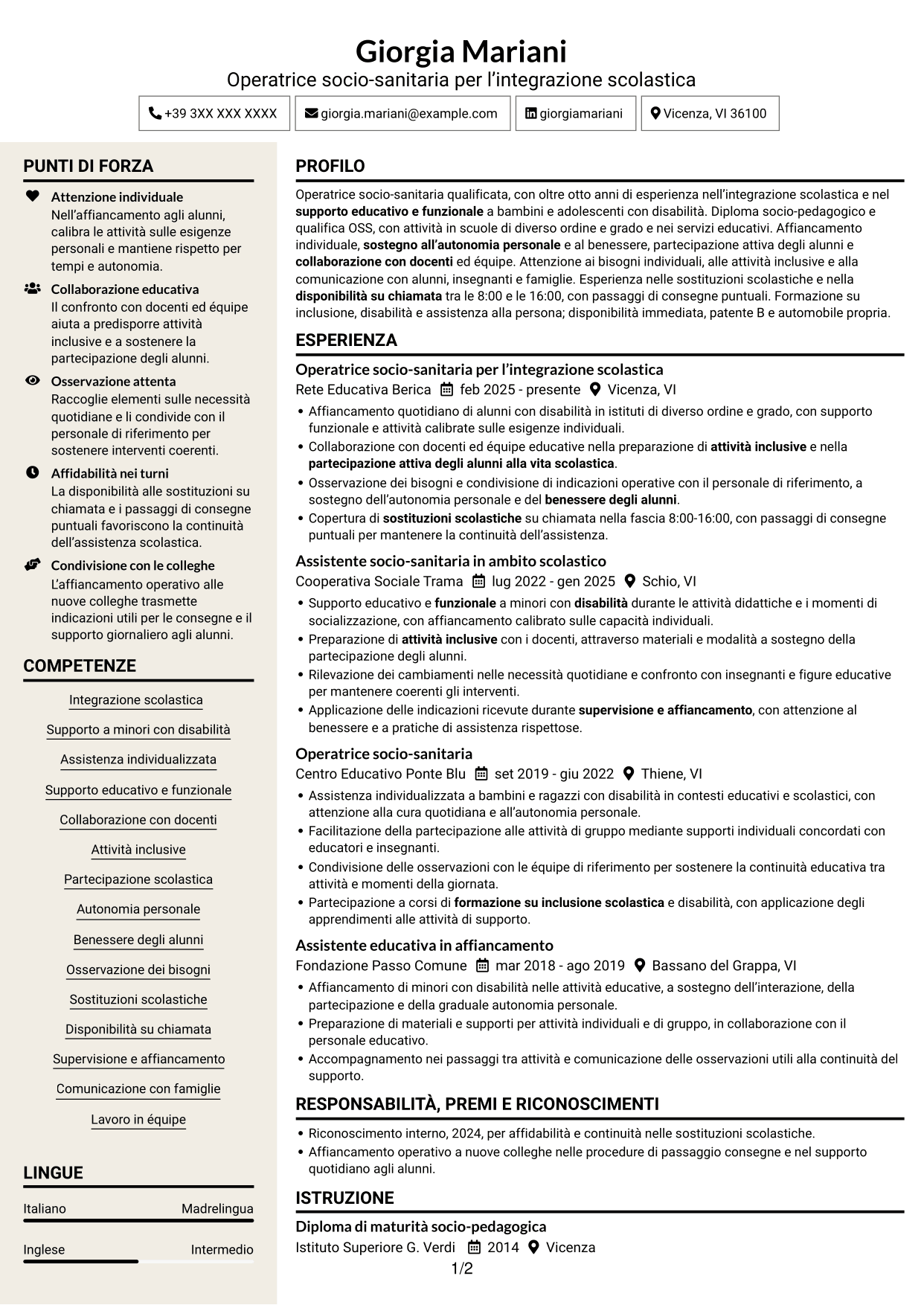 CV Intraprendente (formato a due colonne con intestazione centrata senza foto): Operatore socio-sanitario / Educatore scolastico - Integrazione scolastica, pagina 1