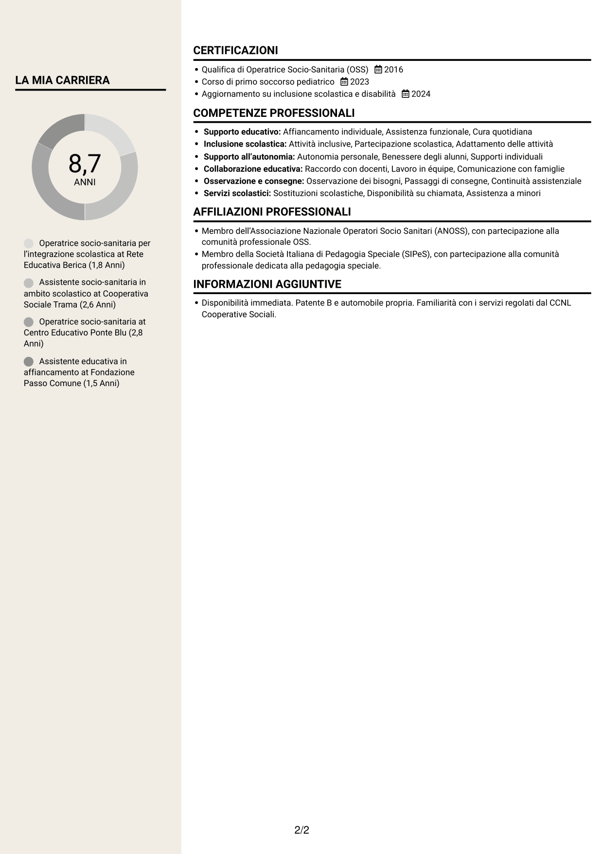 CV Intraprendente (formato a due colonne con intestazione centrata senza foto): Operatore socio-sanitario / Educatore scolastico - Integrazione scolastica, pagina 2