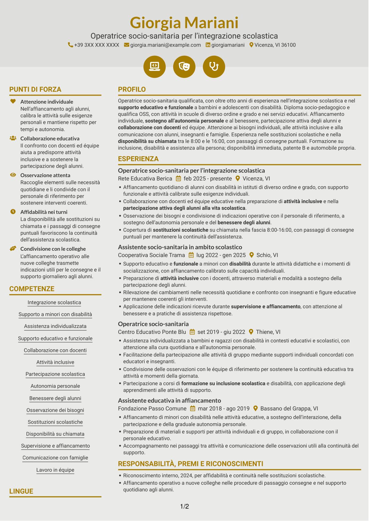 CV Dinamico (formato a due colonne con icone): Operatore socio-sanitario / Educatore scolastico - Integrazione scolastica, pagina 1