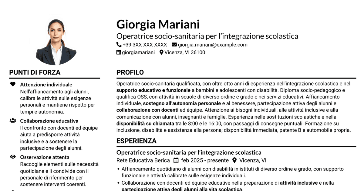 7 modelli di CV per Operatore socio-sanitario / Educatore scolastico - Integrazione scolastica, con esempi