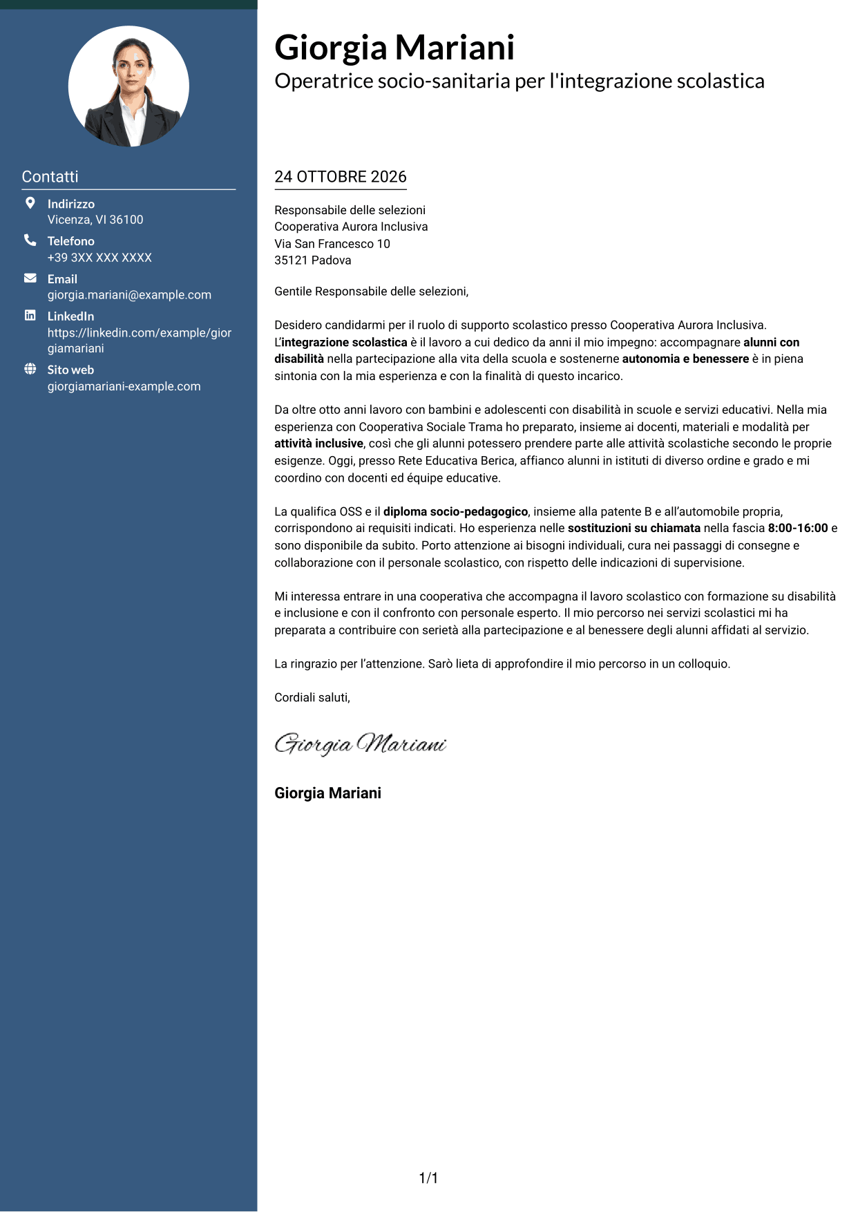 Lettera di presentazione Elegante (formato con colonna laterale colorata e foto): Operatore socio-sanitario / Educatore scolastico - Integrazione scolastica, pagina 1