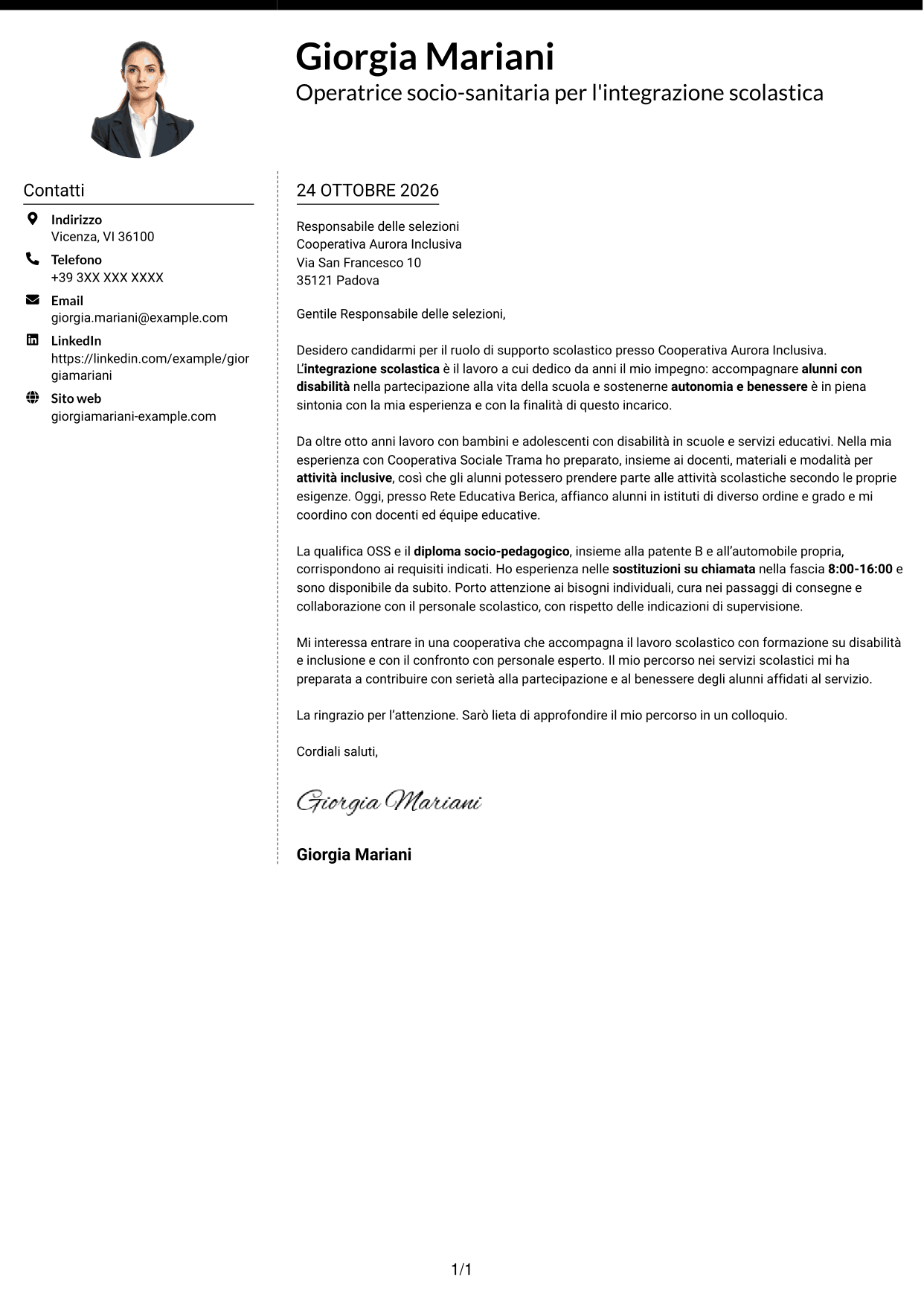 Lettera di presentazione Moderno (formato a due colonne con foto a sinistra e separatore): Operatore socio-sanitario / Educatore scolastico - Integrazione scolastica, pagina 1