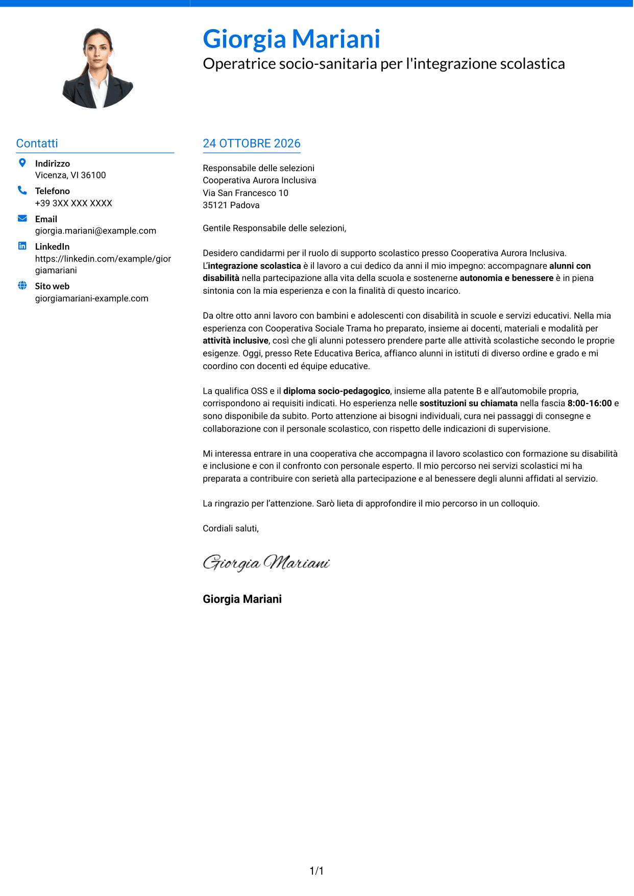 Lettera di presentazione Audace (formato a due colonne con accenti colorati e foto): Operatore socio-sanitario / Educatore scolastico - Integrazione scolastica, pagina 1