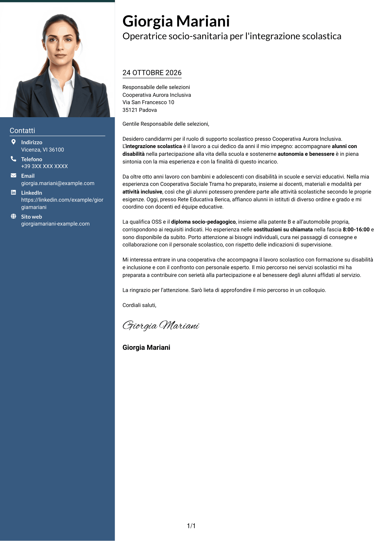 Lettera di presentazione Signature (formato con colonna laterale colorata e foto grande): Operatore socio-sanitario / Educatore scolastico - Integrazione scolastica, pagina 1