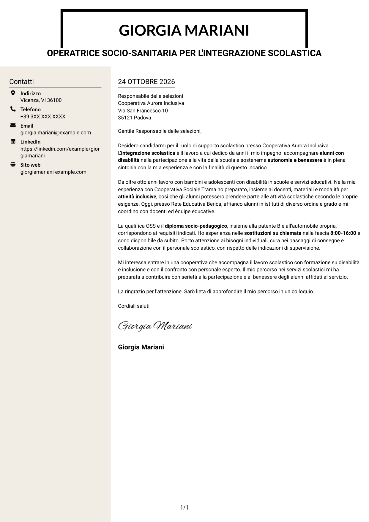Lettera di presentazione Intraprendente (formato a due colonne con intestazione centrata senza foto): Operatore socio-sanitario / Educatore scolastico - Integrazione scolastica, pagina 1