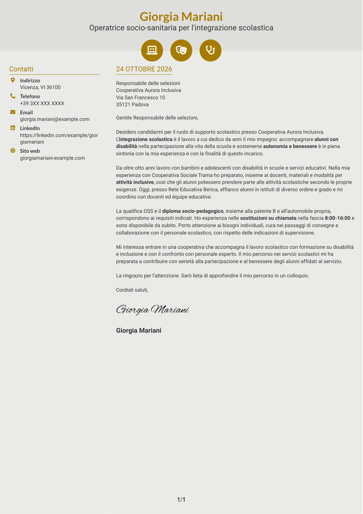 Lettera di presentazione Dinamico (formato a due colonne con icone): Operatore socio-sanitario / Educatore scolastico - Integrazione scolastica, pagina 1