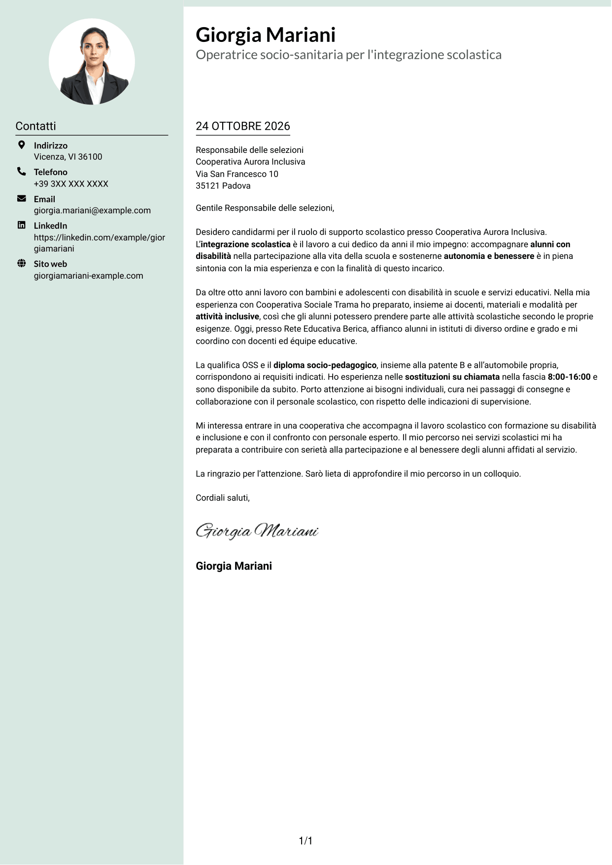 Lettera di presentazione Dirigente (formato con colonna laterale tenue e foto arrotondata): Operatore socio-sanitario / Educatore scolastico - Integrazione scolastica, pagina 1