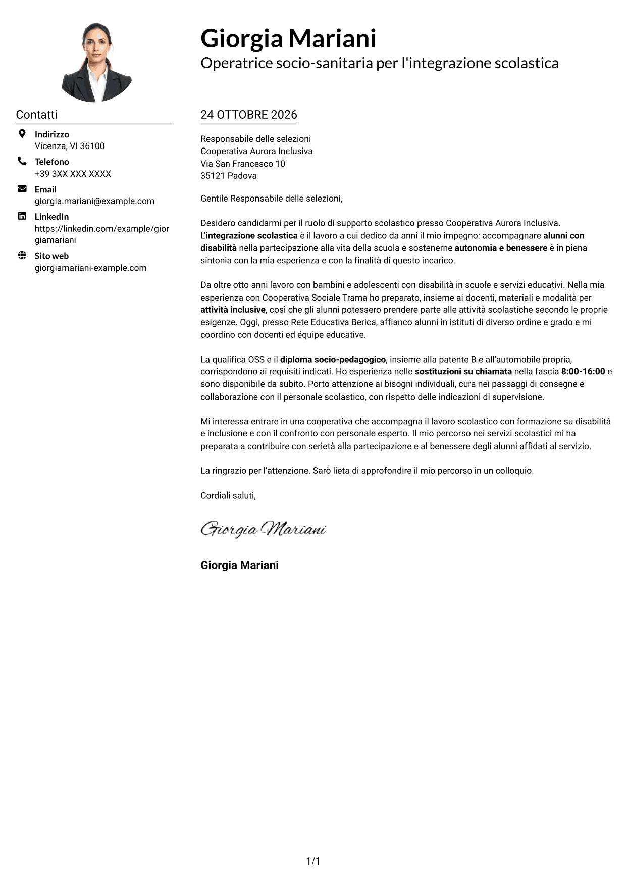 Esempio di lettera di presentazione — pagina 1