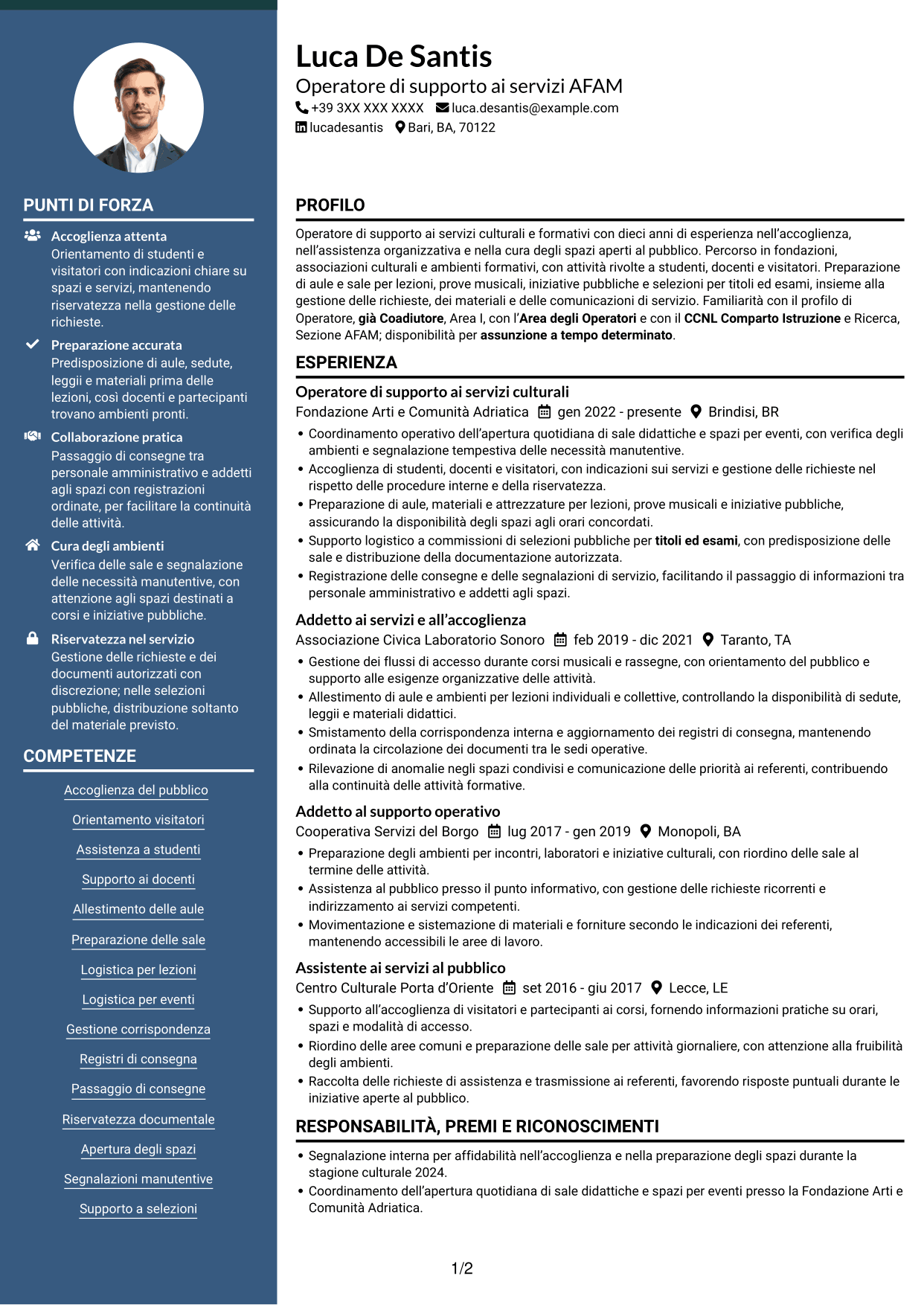 CV Elegante (formato con colonna laterale colorata e foto): Operatore - Supporto ai servizi AFAM, pagina 1
