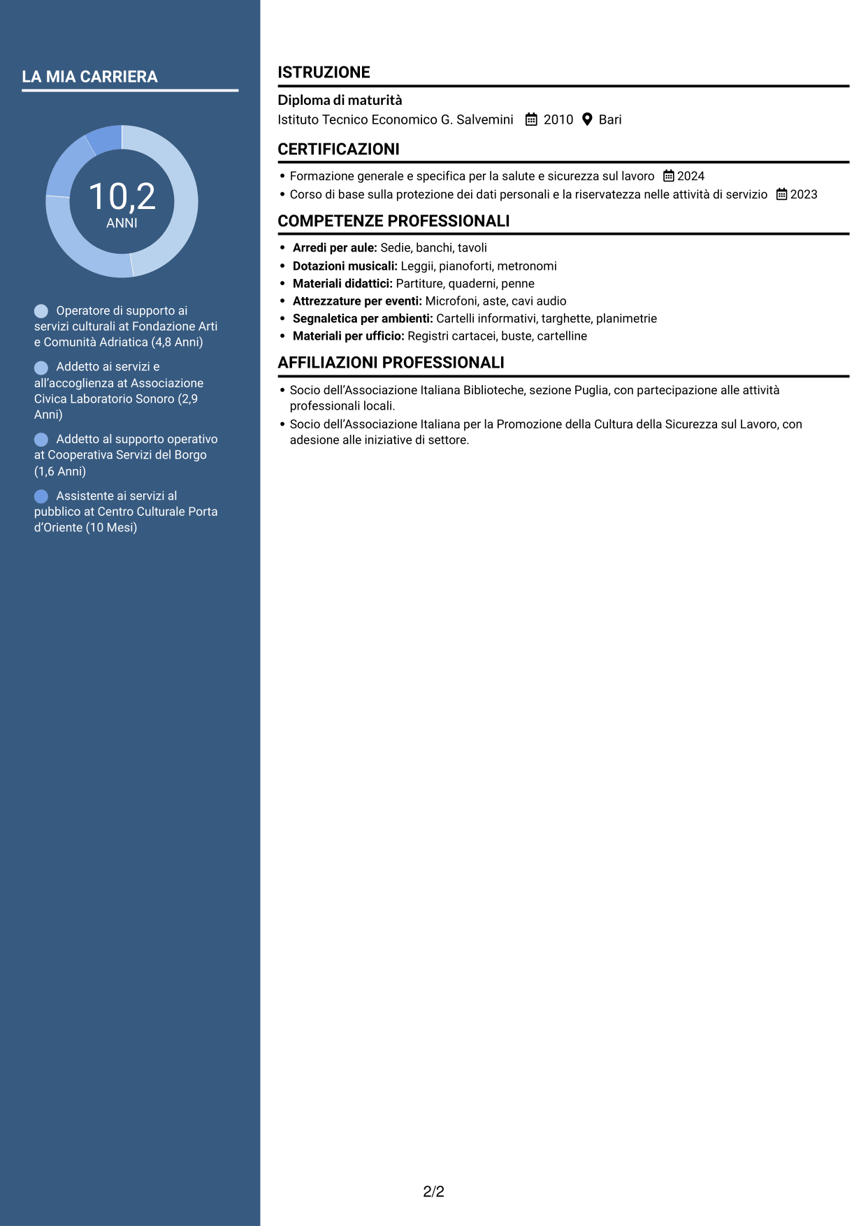 CV Elegante (formato con colonna laterale colorata e foto): Operatore - Supporto ai servizi AFAM, pagina 2