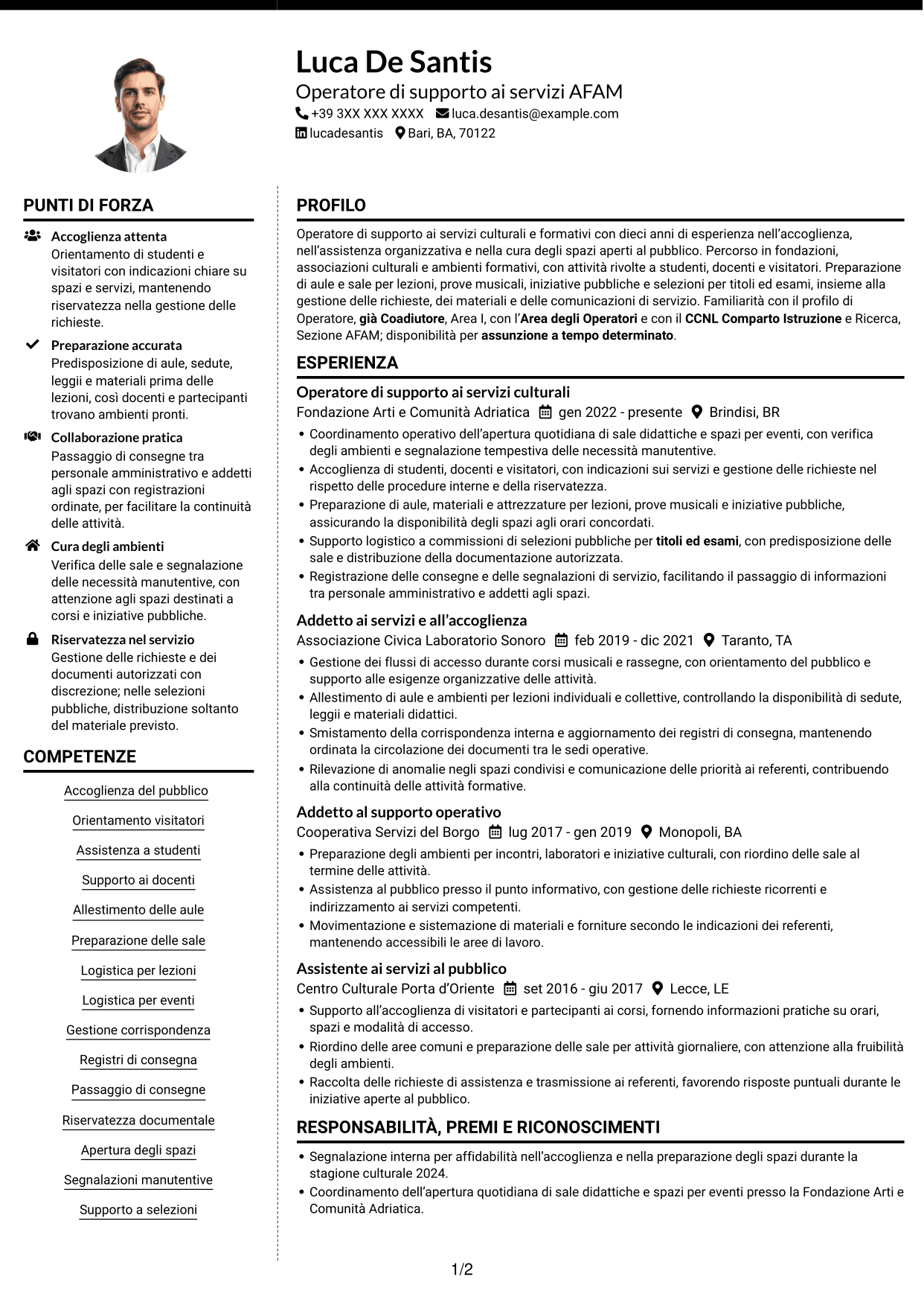 CV Moderno (formato a due colonne con foto a sinistra e separatore): Operatore - Supporto ai servizi AFAM, pagina 1