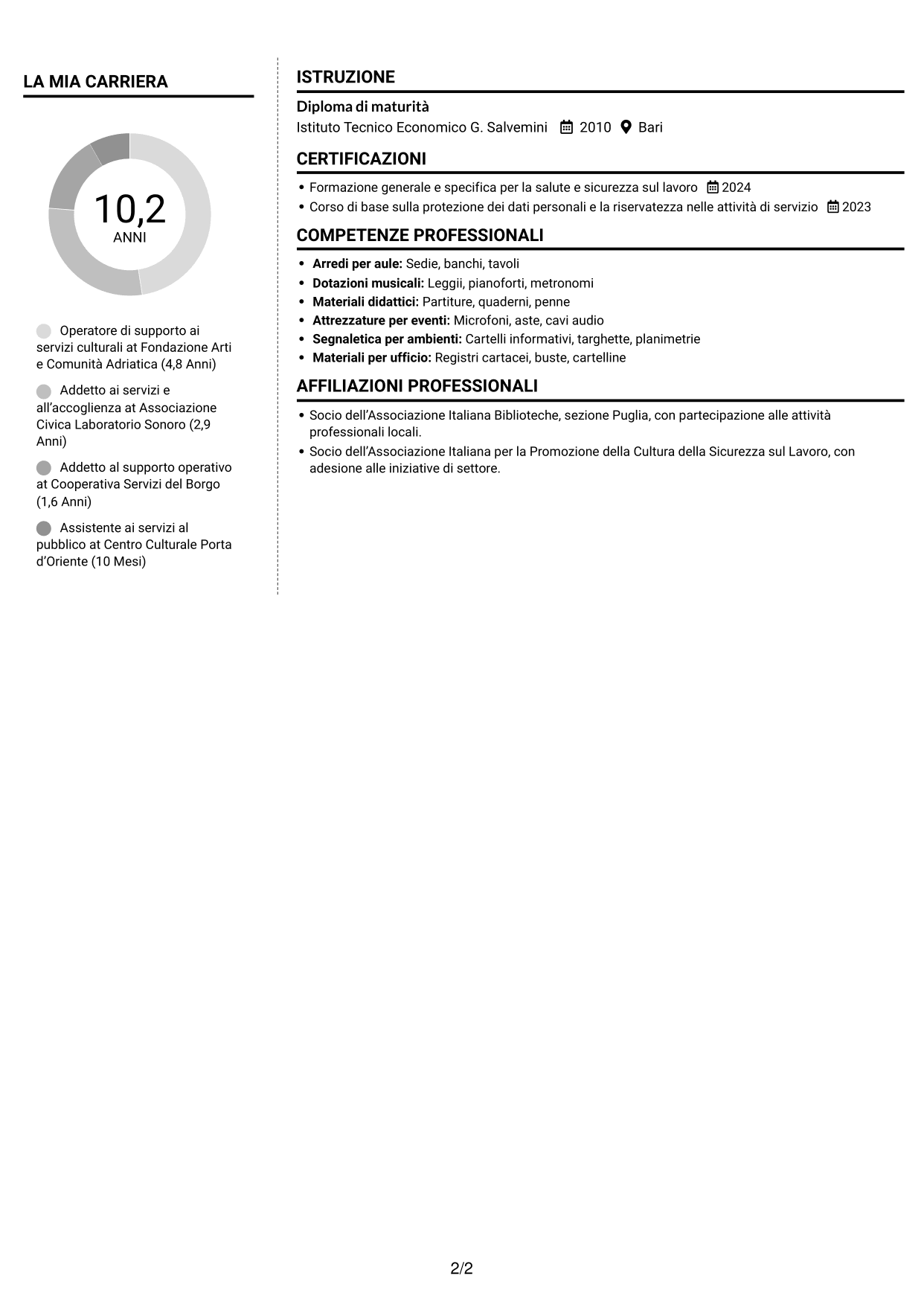 CV Moderno (formato a due colonne con foto a sinistra e separatore): Operatore - Supporto ai servizi AFAM, pagina 2